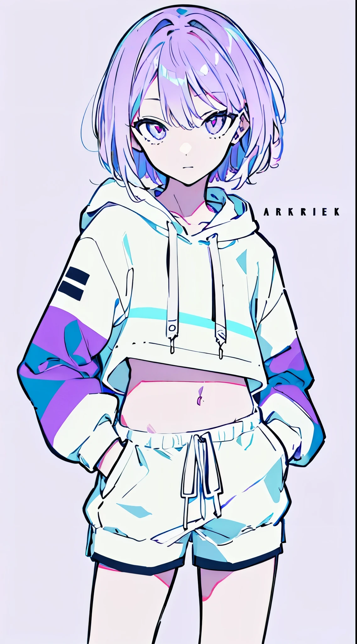 (masterpiece, highest quality:1.6), alone, thick outline, (simple background, light purple background, monochrome, light purple theme:1.2), official art, Key Visual, 8K, confused, whole body, (Unique hair, oversized hoodie, hot pants, arch back, short torso:1.2), belly button, thighs, cowboy shot, HDR, sharp focus, High resolution, most detailed, very detailed, Super detailed, finely, detailed eyes and face, sharp pupils, realistic student, alone, purple and white contrast, alone, hands in pockets