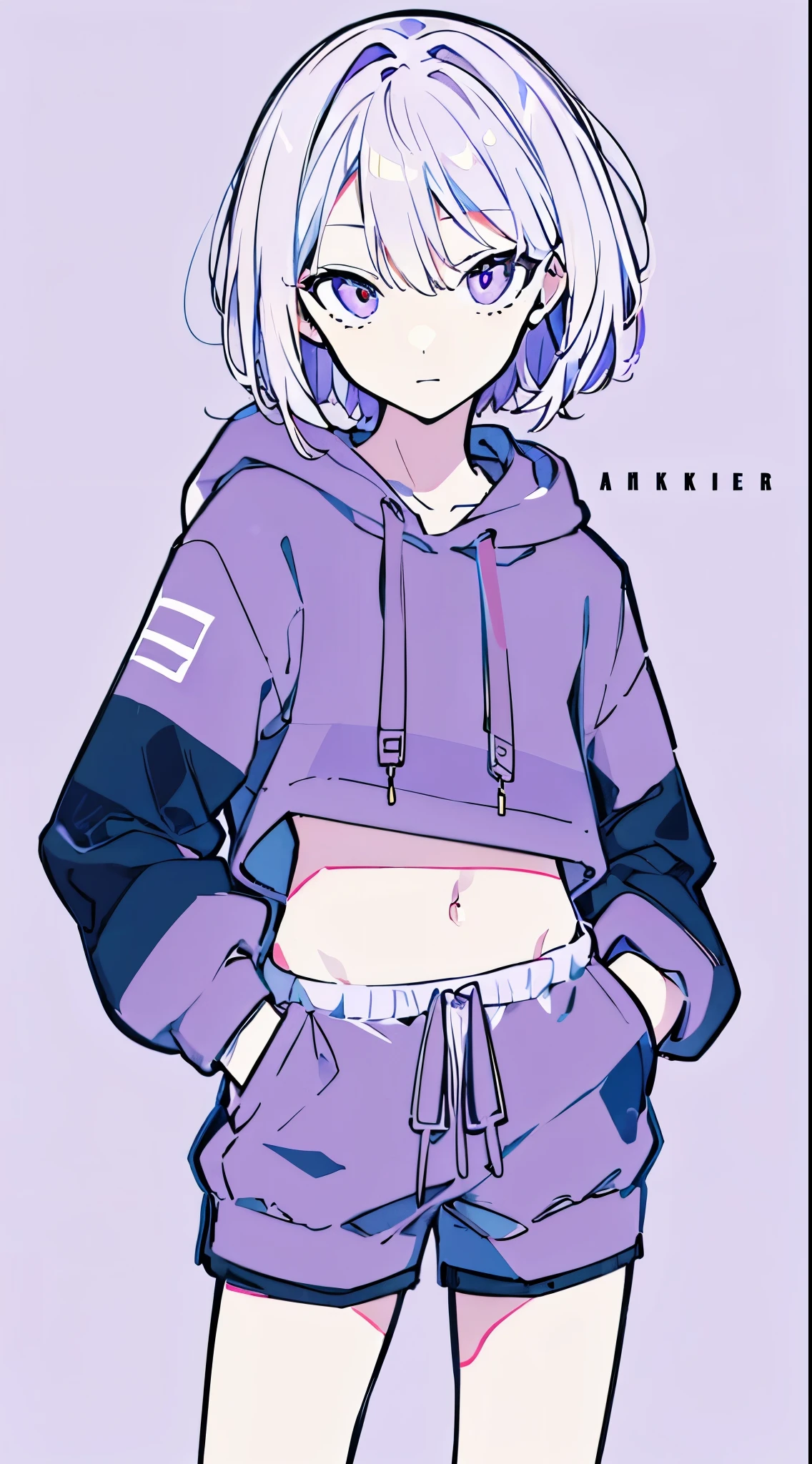 (masterpiece, highest quality:1.6), alone, thick outline, (simple background, light purple background, monochrome, light purple theme:1.2), official art, Key Visual, 8K, confused, whole body, (Unique hair, oversized hoodie, hot pants, arch back, short torso:1.2), belly button, thighs, cowboy shot, HDR, sharp focus, High resolution, most detailed, very detailed, Super detailed, finely, detailed eyes and face, sharp pupils, realistic student, alone, purple and white contrast, alone, hands in pockets