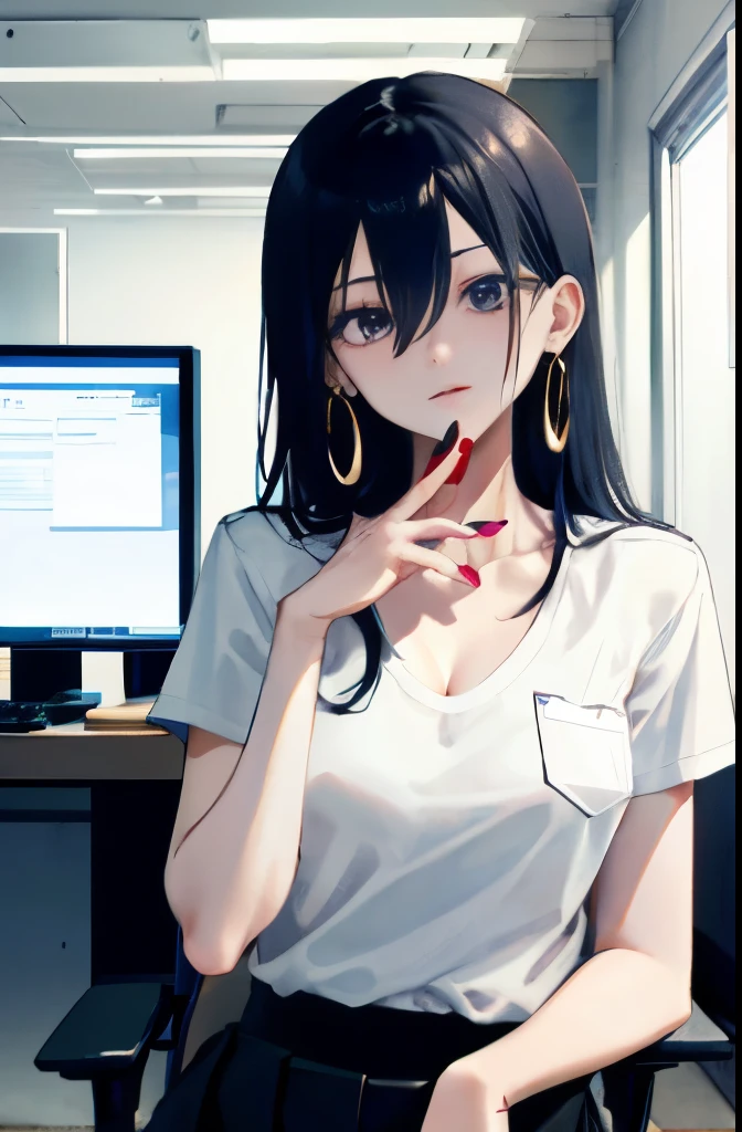 Boa Hancock, 1 girl, alone, ((white shirt)), 黒thighs, chest, cleavage, uniform, officeの背景, black skirt, pleated skirt, office, hair between eyes, 大きなchest, long hair, view viewer, black hair, red short nails, purple eyes, alone, upper limbs, thighs, とてもlong hair, ((masterpiece)), sitting, Chair, machine, Computer on machine, name tag, id tag, indoor, golden earing, short sleeve, officeシャツトップス,