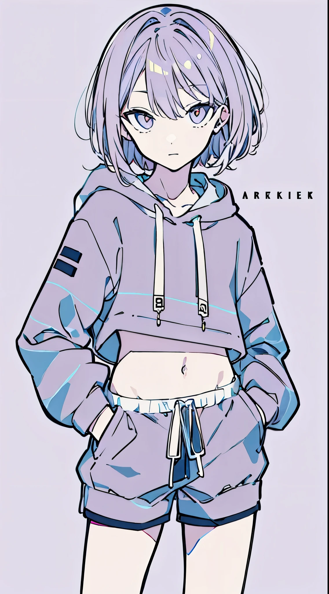 (masterpiece, highest quality:1.6), alone, thick outline, (simple background, light purple background, monochrome, light purple theme:1.2), official art, Key Visual, 8K, confused, whole body, (Unique hair, oversized hoodie, hot pants, arch back, short torso:1.2), belly button, thighs, cowboy shot, HDR, sharp focus, High resolution, most detailed, very detailed, Super detailed, finely, detailed eyes and face, sharp pupils, realistic student, alone, purple and white contrast, alone, hands in pockets