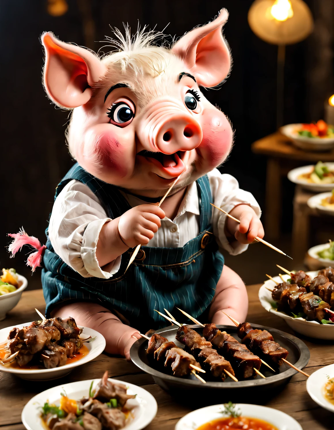 The little pig puppet is greedily eating the big mutton skewers，dressing a old torn clothes，background dining table，Coarse pig hair，