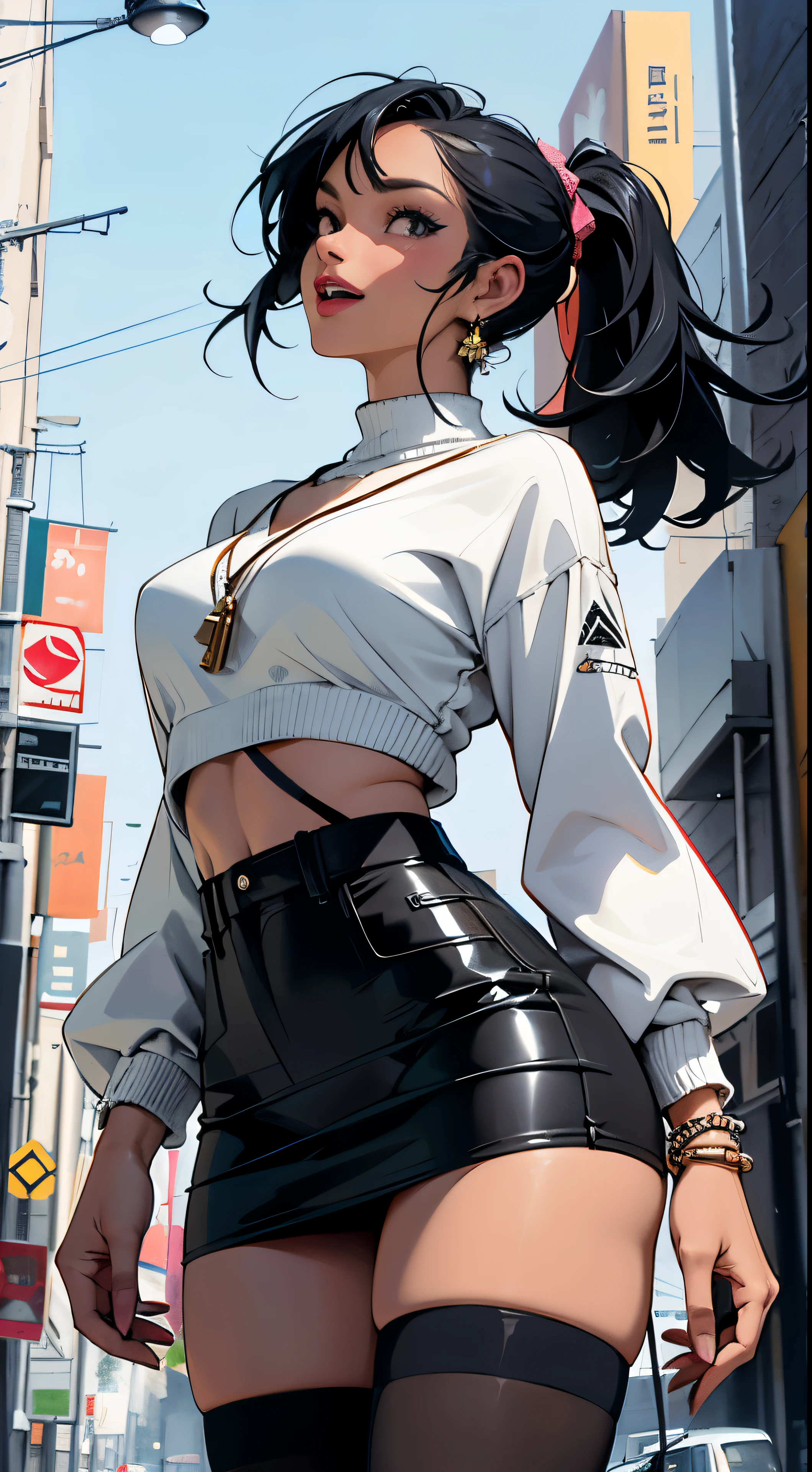 sharp focus, detailed outfit, key visual, traditional art, ultra detail, vibrant colors, girl, masterpiece, sharp focus, best quality, depth of field, cinematic lighting, correct anatomy, vibrant colors,
vibrant colors, masterpiece, sharp focus, best quality, depth of field, cinematic lighting, ((masterpiece)),((best quality)),((perfect anatomy)),(((perfect hands))),(((extremely detailed five fingers))),cowboy shot,tomboy,beautiful long feets,down posing,dynamic pose,dynamic angle,beautiful makeup face,Extremely gorgeous,dynamic wind,lifelike,hourglass body,tight body,wet body,shading breasts,A distant angle from below,(looking up:1.4),looking away, looking at the viewer,1women,beautiful face,detailed outfit,ninja girl, ass, black hairband, black pants,denim,trendy boutiques and cafes,Set the scene in a sophisticated urban environment,She wears a Flower patterned Bikinis like strings and a down jacket,(( dark skin)),pencil skirt,(bell necklace), (bracelet), vibrant colors, rich in details and texturs,lightweight sweater, navel,shortsleeves,skirt,thighhighs,tight body,ponytail,bangs,smile,open mouth,enthusiasm pose, lively pose