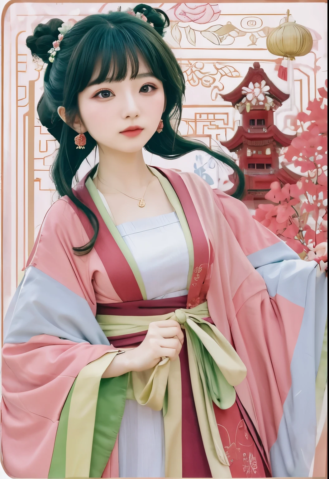 mujer con un vestido rosa con una rosa y la lazo verde, vestimenta tradicional china, ojos azules y pelo verde