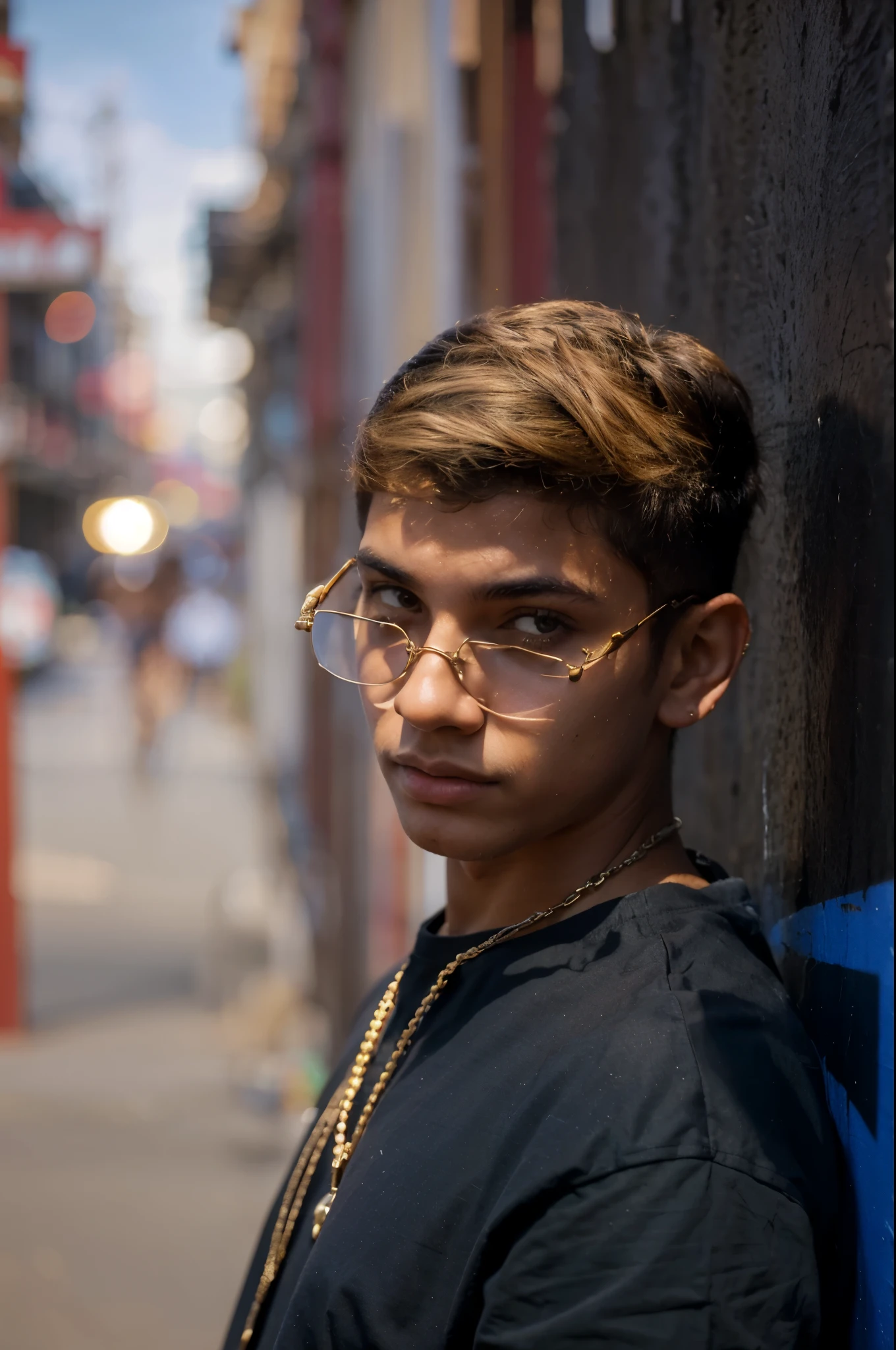 Trapstar , jovem de 18 anos pousando no atardecer ostentando joias e vetimenta extravagante, taking care of physical aspects and highlighting facial expressions