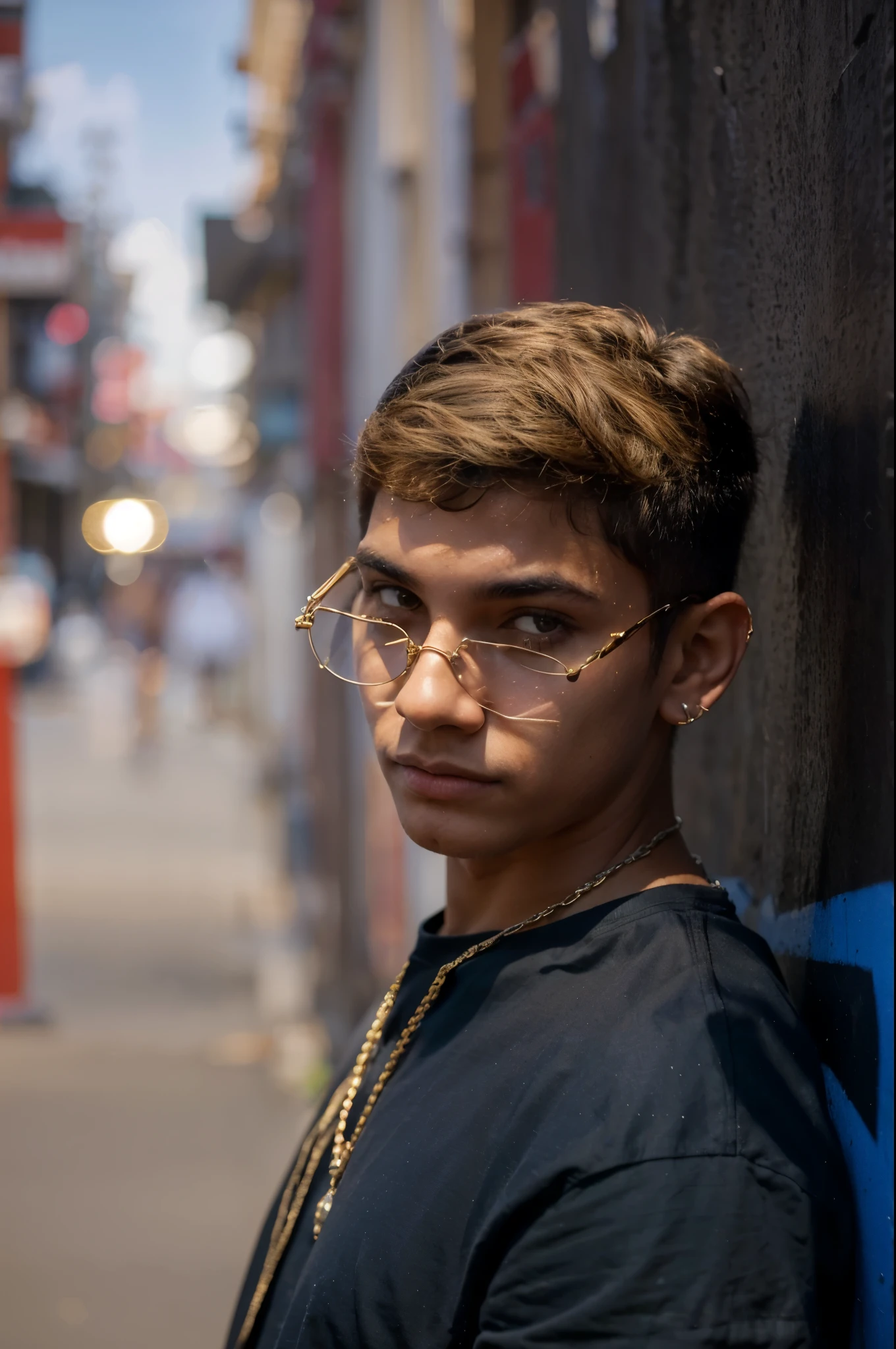 Trapstar , jovem de 18 anos pousando no atardecer ostentando joias e vetimenta extravagante, taking care of physical aspects and highlighting facial expressions
