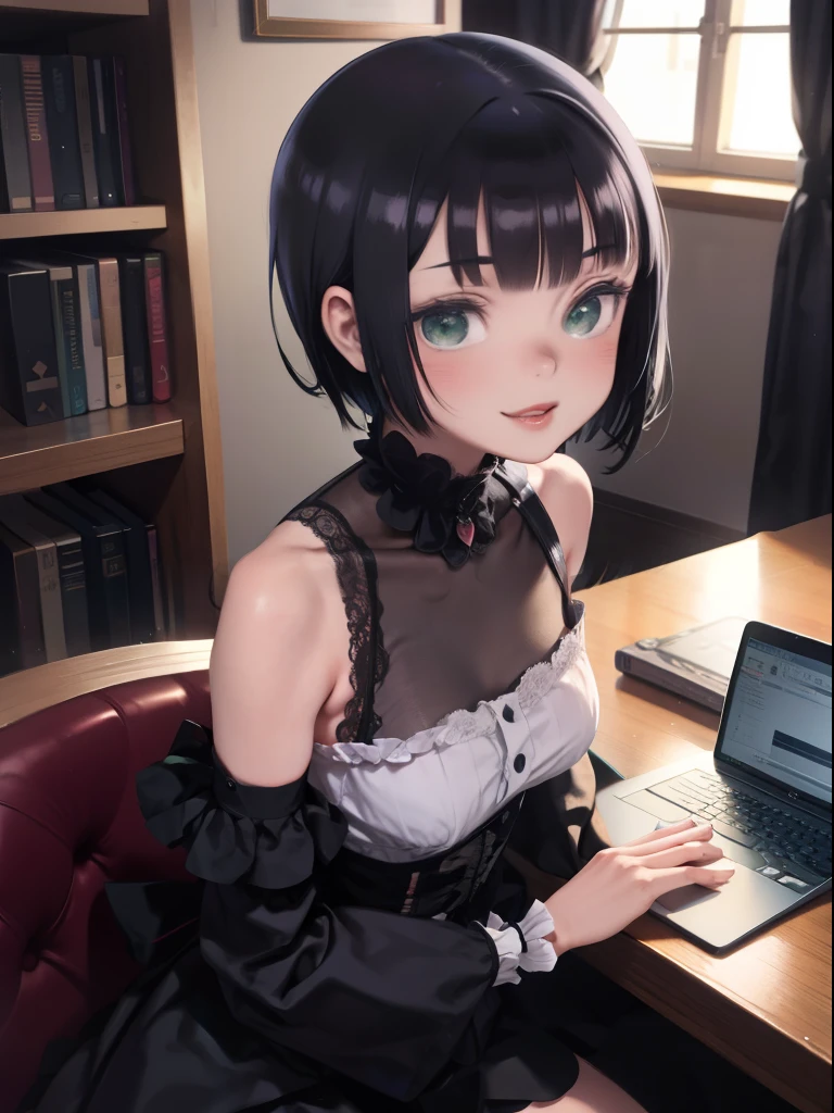 Woman sitting at the counter with a laptop, 20 year old goth girl, maid dress, cruel brazilian goth girl, real anime girl, pale gothic beauty, she has a short black hair with bangs, full bang short hair, bluish green eyes, black hair, red lips, sad smile, black hair, red lips, evil, sad smile, ハイパーrealism, realism, Fuji color, Filling the image, fujifilm, sony boobs FE GM, 135mm, 85mm, 35mm, f/1.2, ハイパーrealism, realism, Fuji color, Filling the image, fujifilm, sony FE GM, 135mm, 85mm, 35mm, f/1.2, 4K, High resolution, Awards, advanced details, Super detailed, high quality, 最high quality, 16k, rough skin, masterpiece, UHD, 4K, High resolution, Awards, advanced details, Super detailed, high quality, 最high quality, 16k, rough skin, masterpiece, UHD
