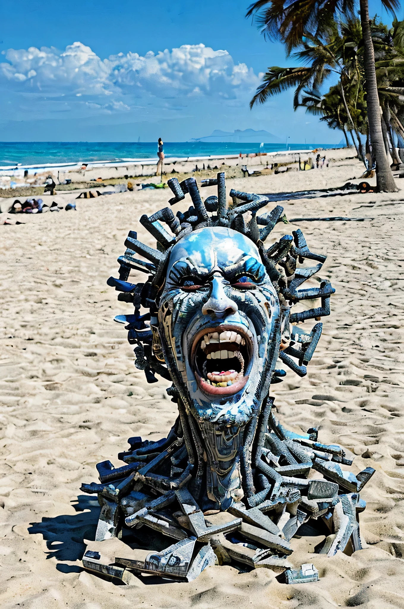 ultra-real hyper-insane stunning ultra-surreal laughing happy on the beach, intricate ten pieces of cubist flesh drinking wine and emerging from within them other pieces with cubist facet heads, bizarre and big devices glued to the chest, bodies fused together, show entire full bodies, doing insane things, sunny beautiful landscape background, super detailed, ultra-realistic, studio quality, 48k/HD, high contrast, hyper-realistic shadows, octane rendering, sharp focus