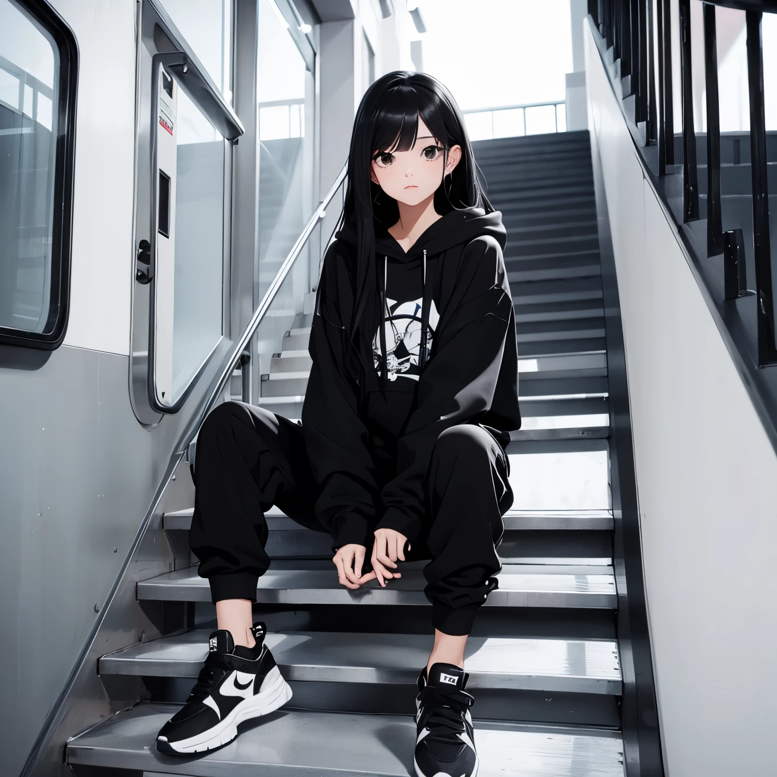 A beautiful and cute girl, long black hair, black and white hoodie, trousers, sneakers, decent, sit, tall, stand stairs, pretty