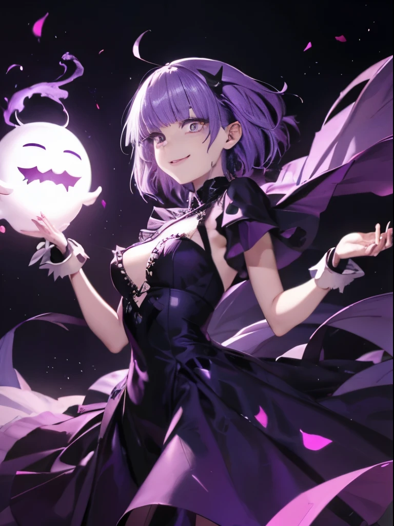 Ghost, (monster girl), purple skin, spike, spiky purple hair, smile with fangs, floating hand, wearing a dark purple dress, floating in the air, masterpiece, highest quality