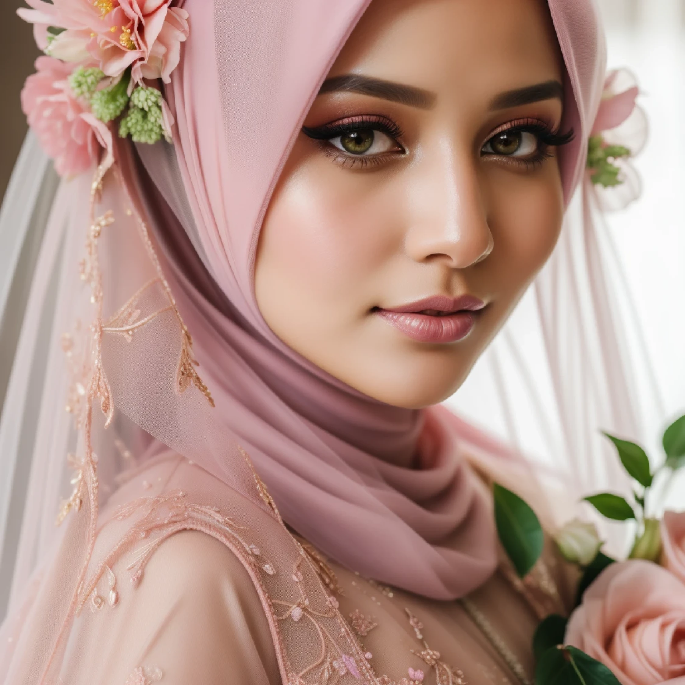 a close up of a woman wearing a veil and a veiled headpiece, pastel pink, hijab, pink pastel, bride, malaysian, high quality portrait, covered, semi realism, pastel pink skin tone, close up potrait, portrait shot, traditional beauty, beautiful portrait, with professional makeup, beautiful portrait image, her face is a mauve flower, detailed portrait