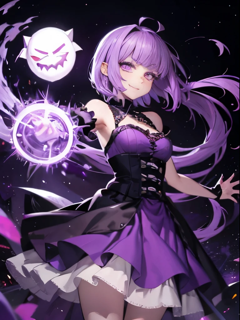 Ghost, (monster girl), purple skin, spike, spiky purple hair, smile with fangs, floating hand, wearing a dark purple dress, floating in the air, masterpiece, highest quality