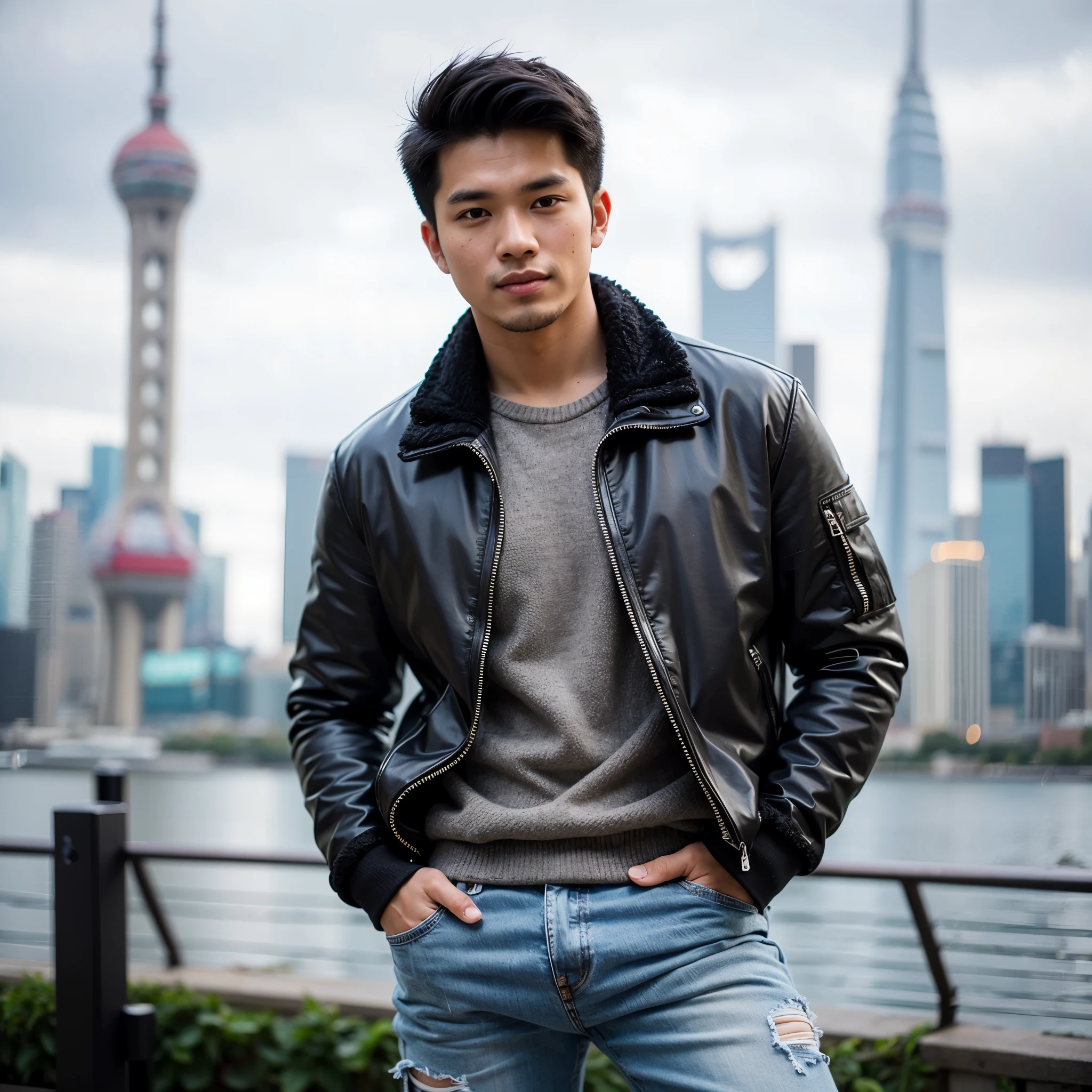 Portrait of a 33 year old Indonesian man with neat black hair, dashing body wearing a thick jacket standing smiling, ripped jeans, white PUMA shoes and Shanghai tower background with F2.0 blur effect, photographed using a Samsung Galaxy S24 Ultra cellphone with pro camera settings "ISO between 100 and 200 shutter speed 1/100, automatic white balance, ultra realistic, keywords male portraiture, real footage