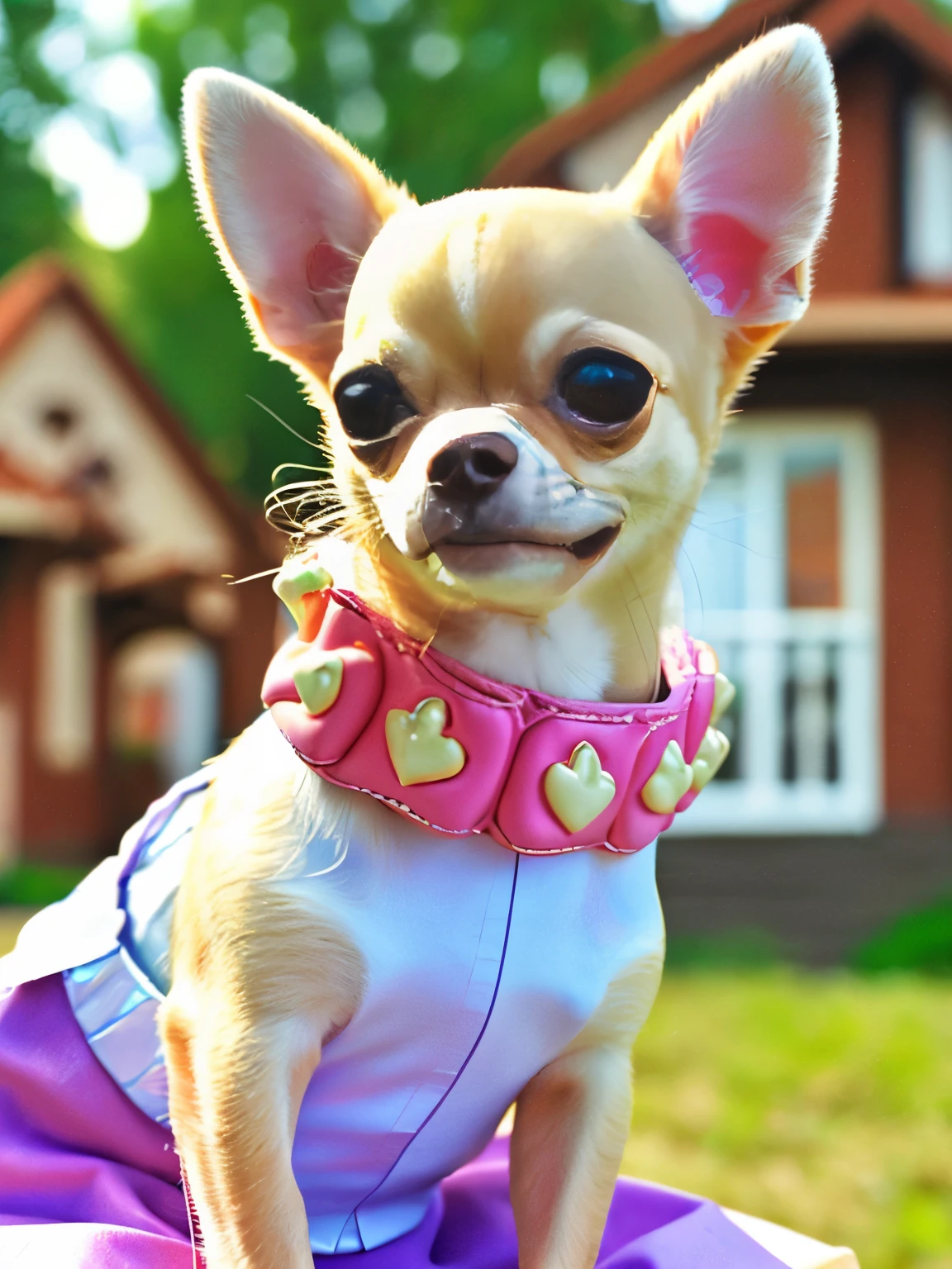 happy fawn chihuahua, wearing a princess collar, sitting, smile, Big eyes, house background, pixer style, ....3D, comics, detailed face, Asymmetrical 16K