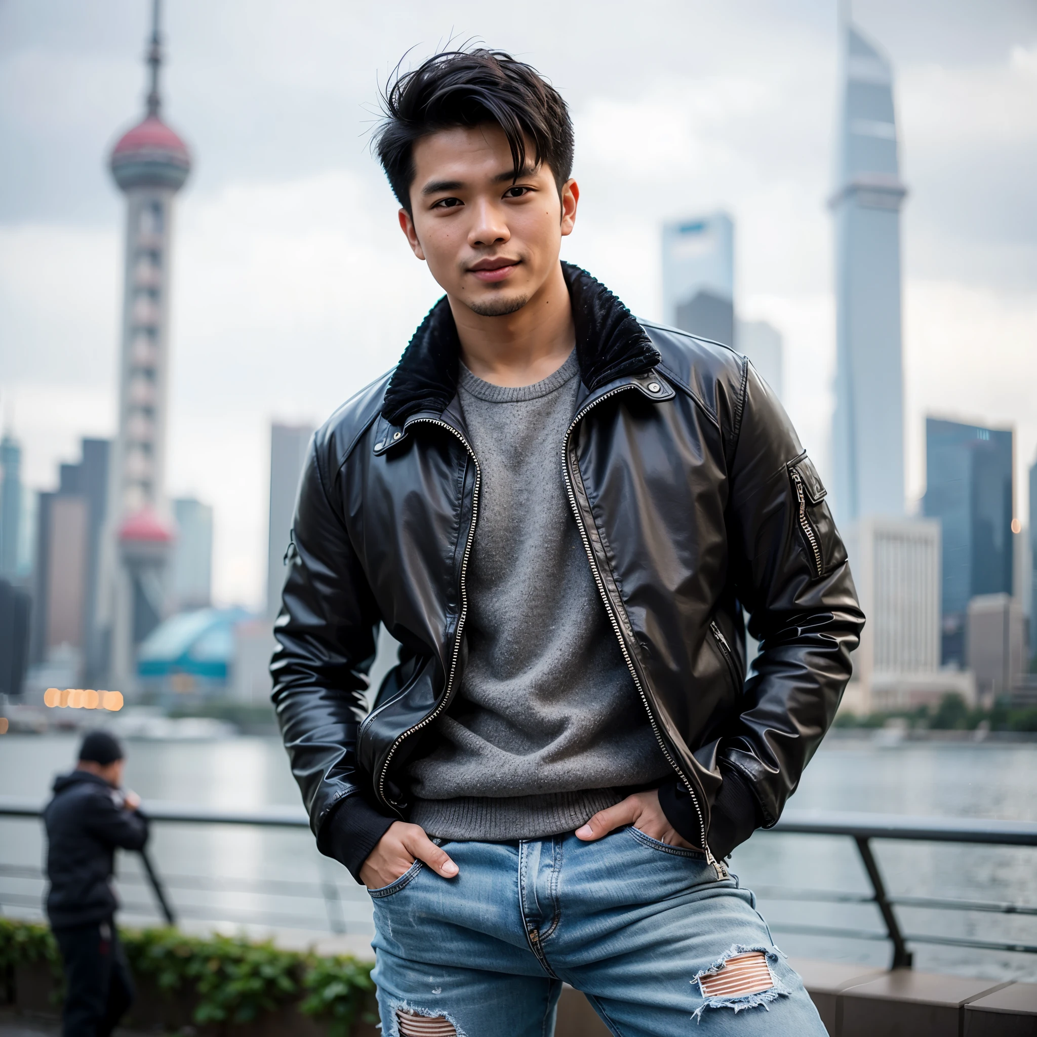 Portrait of a 33 year old Indonesian man with neat black hair, dashing body wearing a thick jacket standing smiling, ripped jeans, white PUMA shoes and Shanghai tower background with F2.0 blur effect, photographed using a Samsung Galaxy S24 Ultra cellphone with pro camera settings "ISO between 100 and 200 shutter speed 1/100, automatic white balance, ultra realistic, keywords male portraiture, real footage