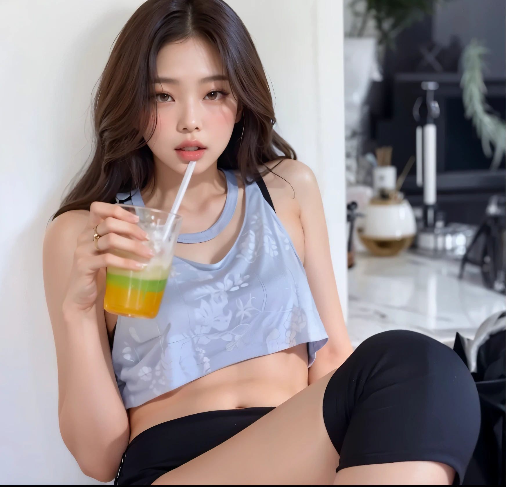 mulher Asian arrasada sentada em um balcão bebendo uma bebida, jennie blackpink, young Asian, gema chen, linda jovem coreana, modelo do instagram, beautiful Asian, Lulu Chen, Asian, jaeyeon nam, beautiful chinese model, Xisionwu, usando um top cropped sexy, parque roseanne de blackpink, Japanese model, gongbi, coreana