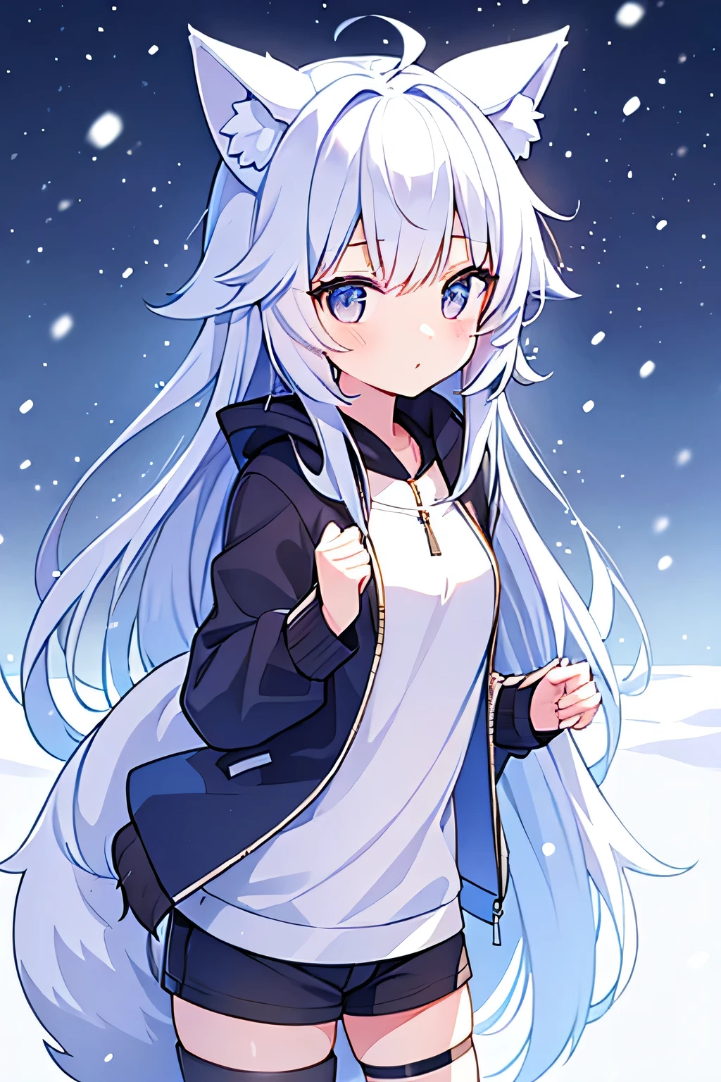 a young wolf girl with beautiful long hair, wolf ears, wolf tail, wearing an open jacket, and short shorts, frozen landscape, snowing, facing the lence, high quality, high res