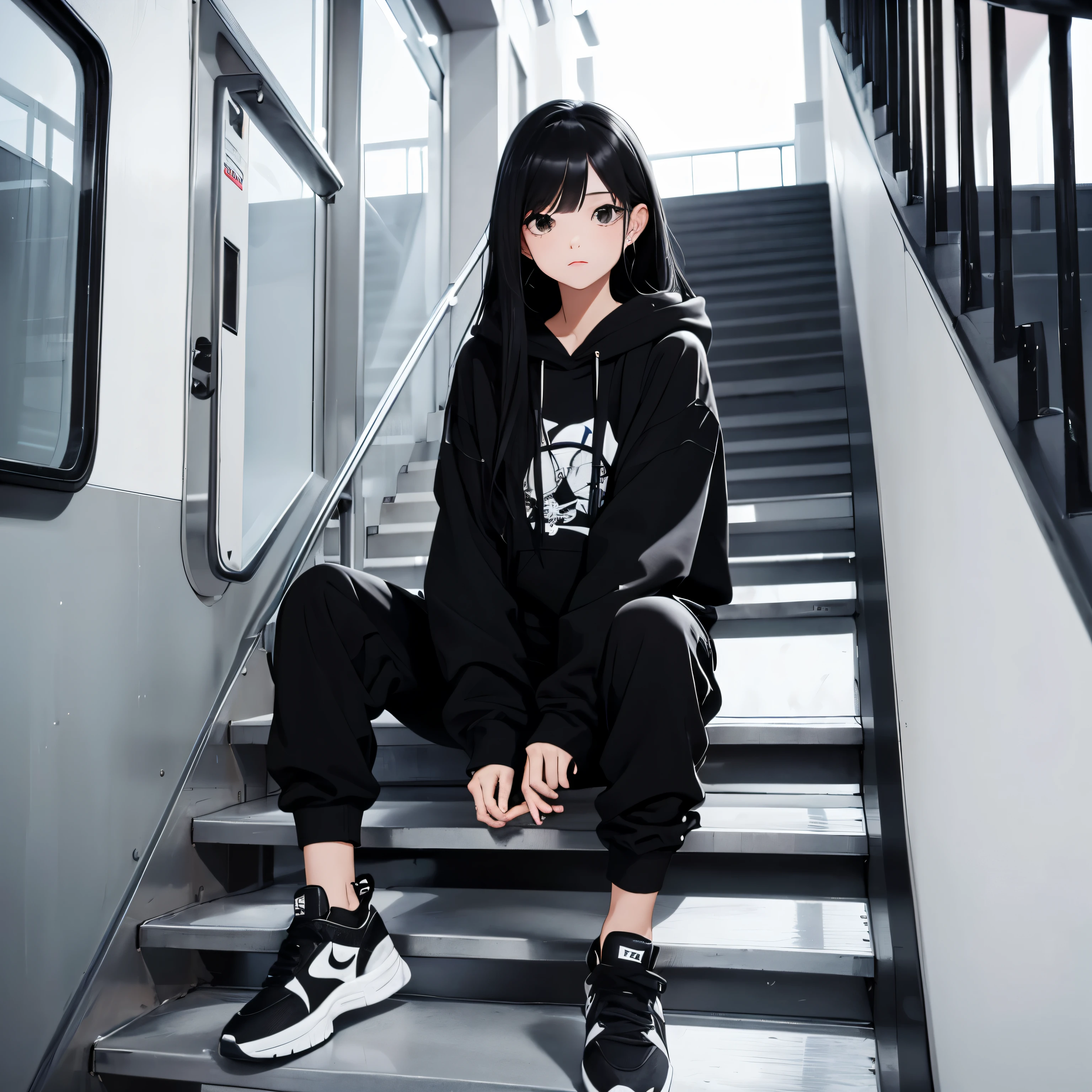 A beautiful and cute girl, long black hair, black and white hoodie, trousers, sneakers, decent, sit, tall, stand stairs, pretty