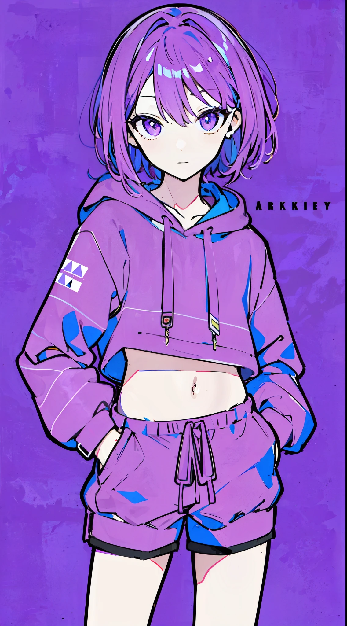 (masterpiece, highest quality:1.6), alone, thick outline, (simple background, Vivid purple background, monochrome, bright purple theme:1.2), official art, Key Visual, 8K, confused, whole body, (Unique hair, oversized hoodie, hot pants, arch back, short torso:1.2), belly button, thighs, cowboy shot, HDR, sharp focus, High resolution, most detailed, very detailed, Super detailed, finely, detailed eyes and face, sharp pupils, realistic student, alone, purple and white contrast, alone, hands in pockets