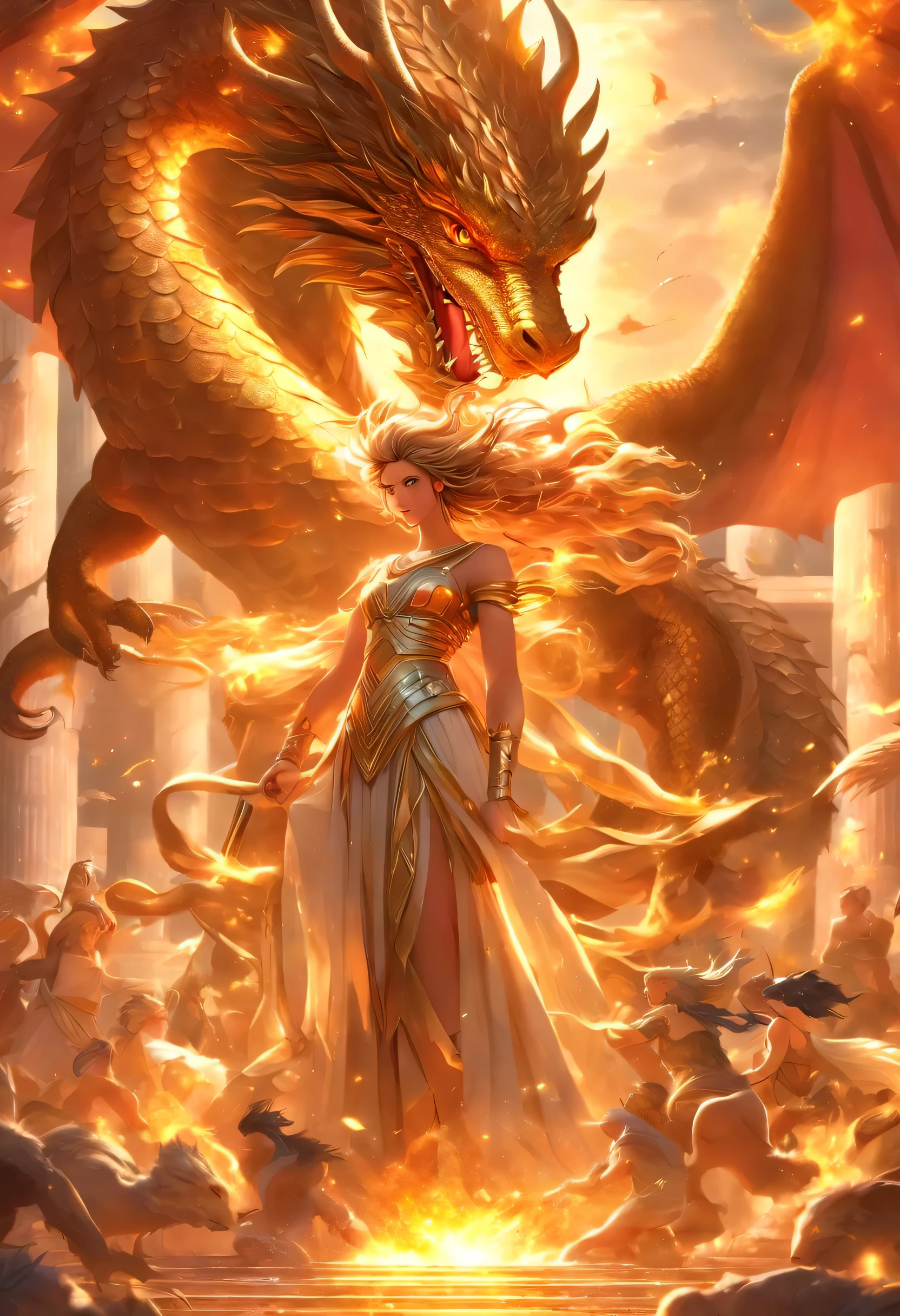(((Greek goddess and dragon)))best quality, very high resolution, 4K detailed CG, master piece, Greek mythology, Demeter, goddess of justice, Greece,scales, space in the background, Greek dragon, columns Greek,((Roman goddess Ceres)),Roman mythology,goddess of the justice ,sword ,aesthetics,Beautiful image,centered on the screen, goddes fought with the dragon, dragon has very big body, put some animal besides the goddes