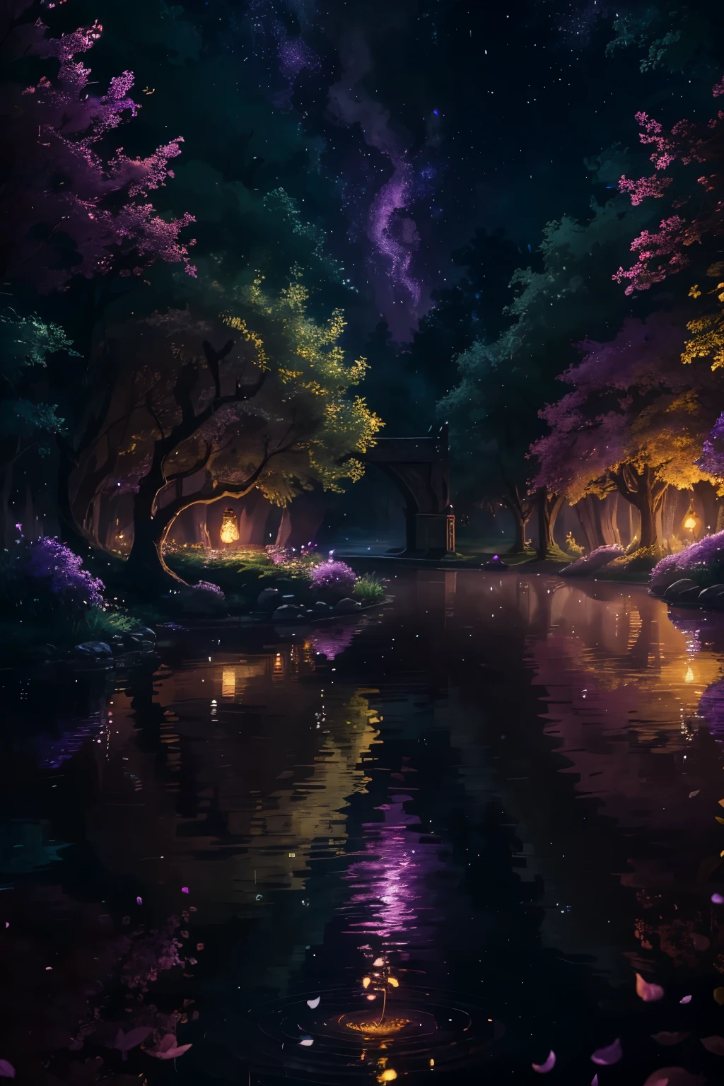 In the enchanted realm of twilight, a magical windWhispers among fireflies, its voice a secret enchantment. Leaves pirouette around, carried away by the breeze's gentle touch. The atmosphere is that of a magical fairy tale, the kind where dreams come to life.
Imagine this scene unfolding in stunning 16:9 resolution. The sky above is painted in hues of purple and pink, reflecting off the shimmering surface of a tranquil pond. Trees adorned with silvery leaves sway gently, their branches reaching out like welcoming arms towards the curious onlooker. The fireflies dance gracefully in the air,
