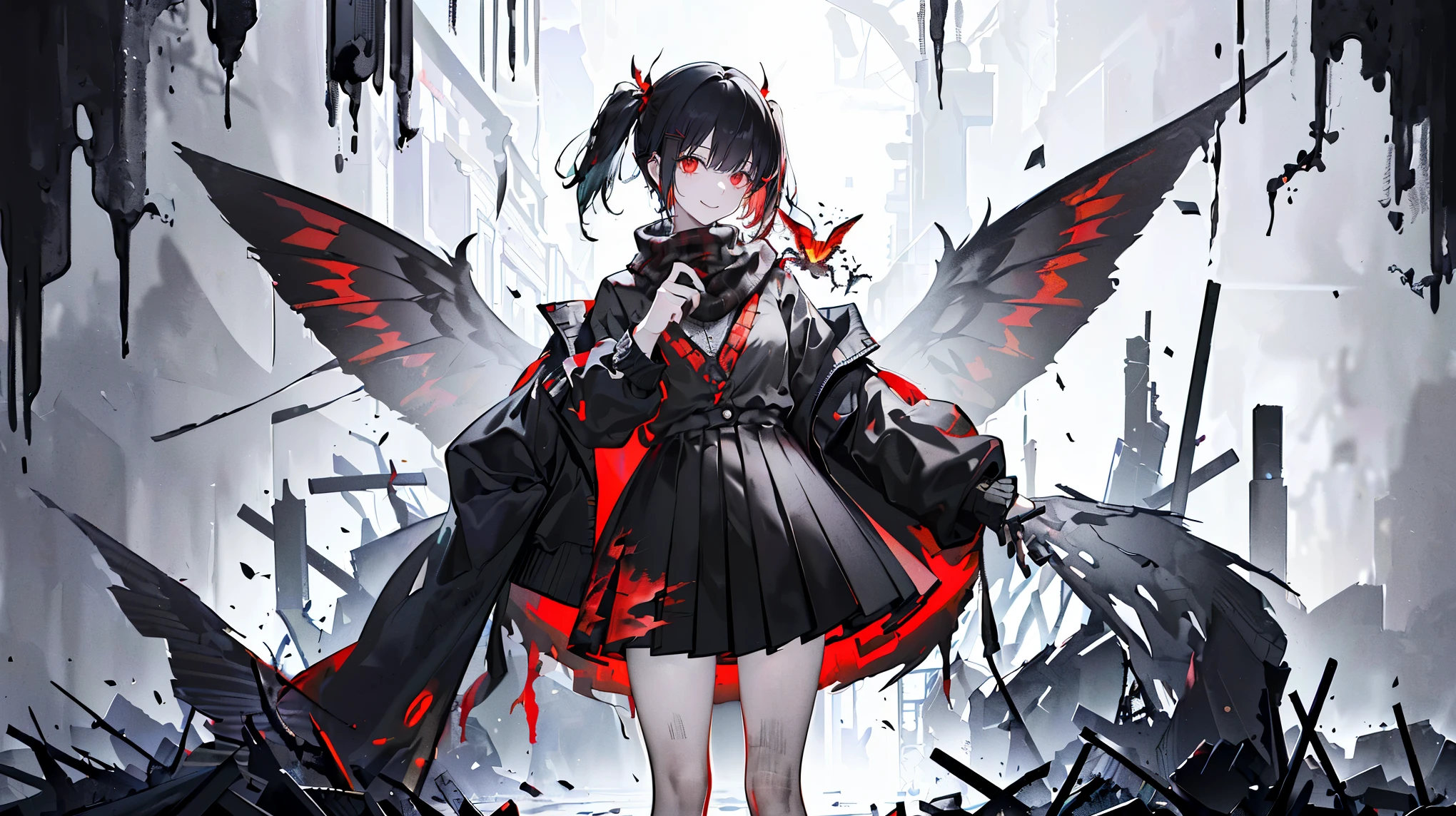 (Super detailed)),((illustration)),((masterpiece)),(((need))),((Beautifully、Highest Quality CG Unity 8K Wallpapers,masterpiece),((4K,masterpiece,best quality)),Woman with short black hair,Short flowing hair,Asymmetrical hairstyle,With pigtails,Bangs in one direction,red eye,moth hairpin,Red pick dye,Wearing a black glove on the left hand,Holding a cigarette in his right hand,Black and red plaid shirt,Black scarf,Surrounded by burning moths,fire moth wings,A confident smile,Back against the wall,rainy day,Cybermetropolis,floor water reflection,The sky dyed blood red,Piles of ashes at your feet,Full-body close-up perspective