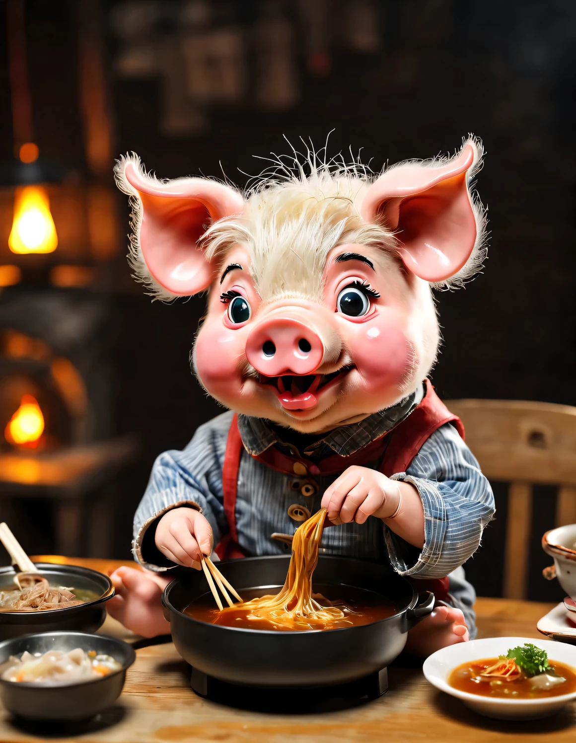 The pig puppet is greedily eating hot pot,dressing a old torn clothes,background dining table,Coarse pig hair,Drooling for a long time