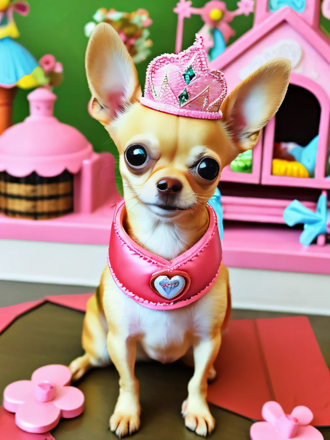 happy fawn chihuahua, wearing a princess collar, sitting, smile, Big eyes, house background, pixer style, ....3D, comics, detailed face, Asymmetrical 16K