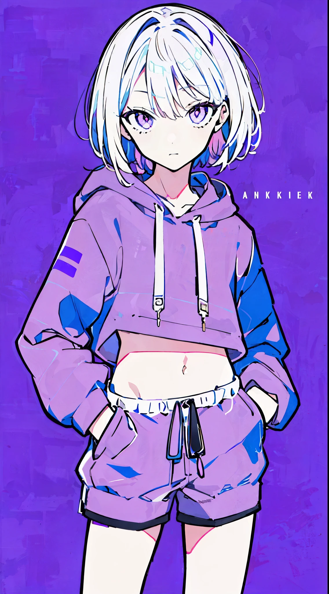 (masterpiece, highest quality:1.6), alone, thick outline, (simple background, Vivid purple background, monochrome, bright purple theme:1.2), official art, Key Visual, 8K, confused, whole body, (Unique hair, oversized hoodie, hot pants, arch back, short torso:1.2), belly button, thighs, cowboy shot, HDR, sharp focus, High resolution, most detailed, very detailed, Super detailed, finely, detailed eyes and face, sharp pupils, realistic student, alone, purple and white contrast, alone, hands in pockets