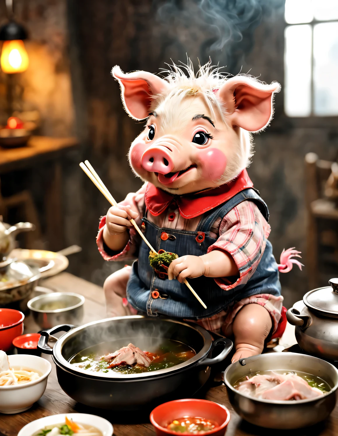 The pig puppet is greedily eating hot pot，dressing a old torn clothes，background in front of dining table，Coarse pig hair，