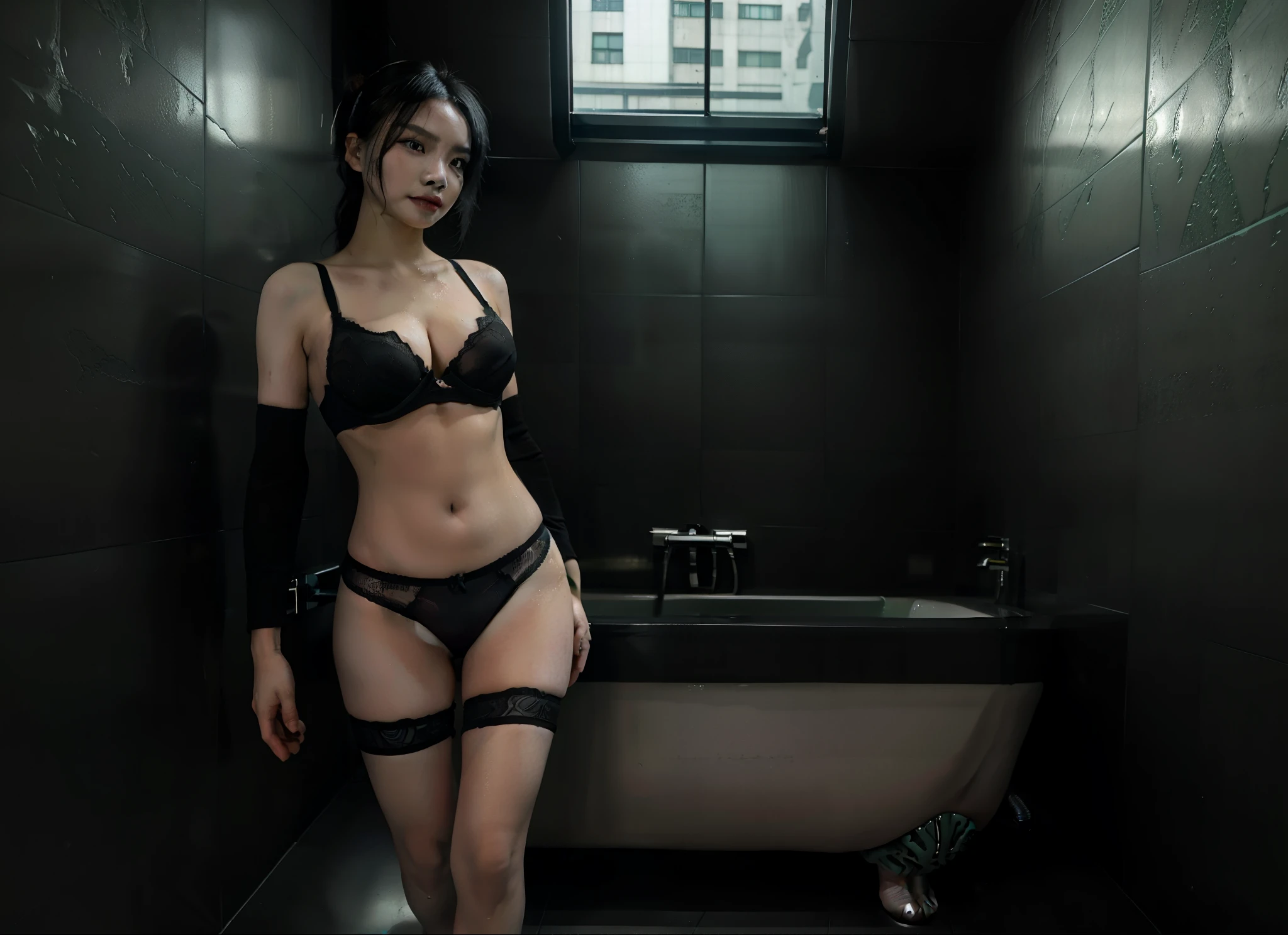 UHD, retina, ccurate, masterpiece, anatomically correct, textured skin, super detail, high details, high quality, award winning, best quality, highres, 16k, 8k, HD, 1080P, masterpiece, best quality, photorealistic, raw photo,(((wide angle view))) An old bathroom in Taiwan, with green wall tiles and red floor tiles, hot water in the bathtub, and a view of Taipei street outside the window. A (((woman))) in (((black underwear))) ((((walked ))))into the bathroom, her whole body, ultra sharp and detailed

