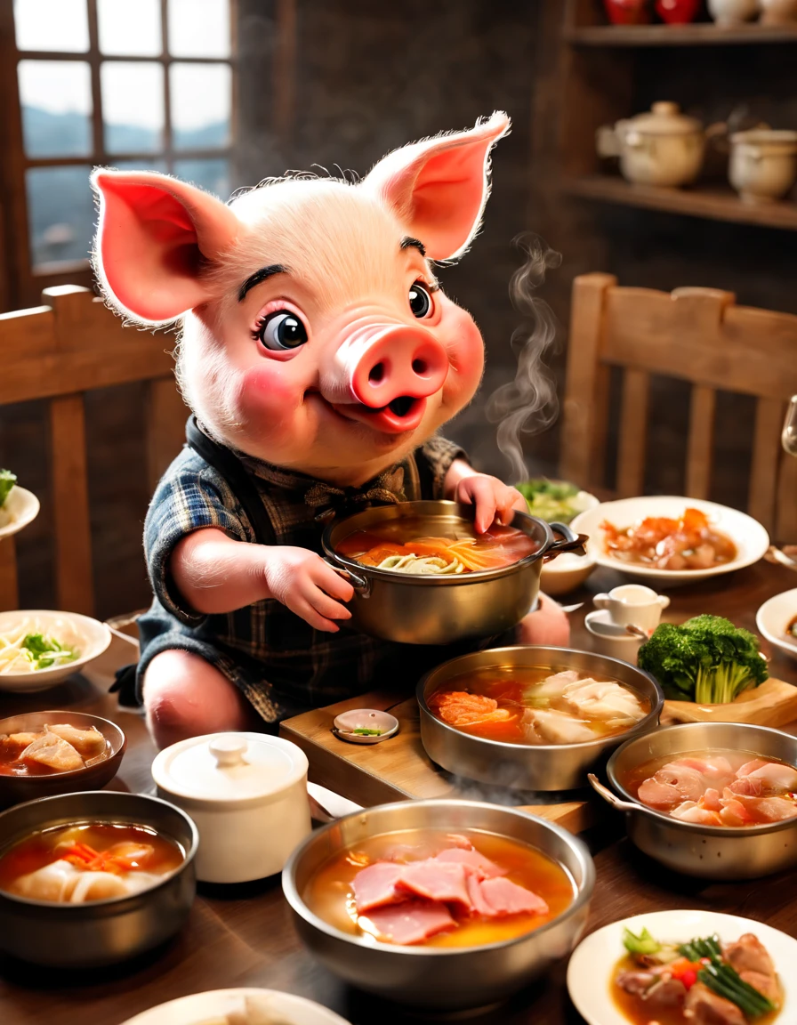 The little pig puppet is greedily eating hot pot,At the dinner table,