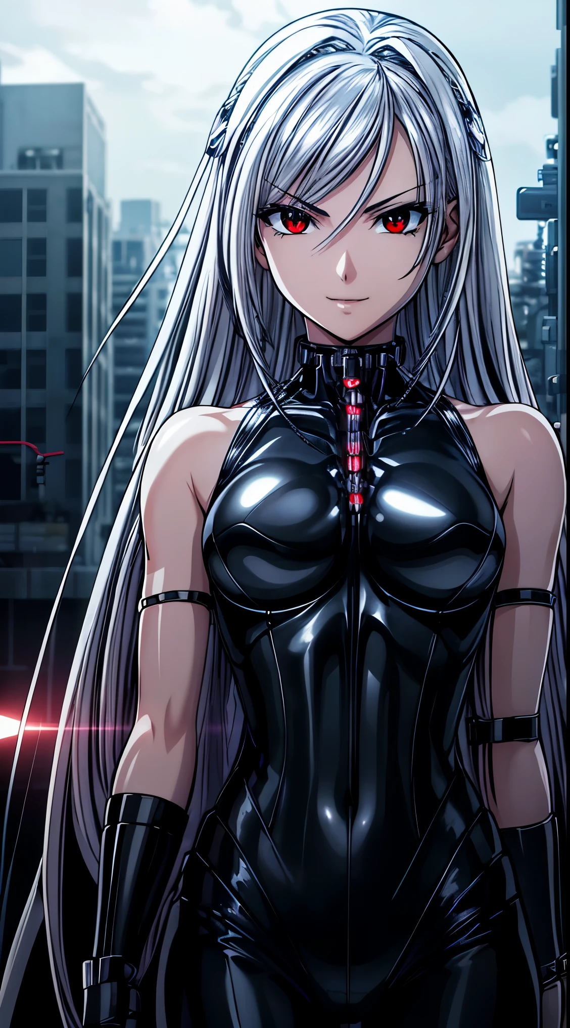 top-quality、​masterpiece、超A high resolution、(Photorealsitic:1.4)、***1人、silver hair、Straight hair, shiny and clean hair、White shiny skin、Sexy Cyberpunk Girl、((super realistic details))、Shadow、octan render、ultrasharp、hyperdetailed face、Fiberglass、Luminous tube、highly intricate detail、Realistic light、CGSoation Trends、(red eyes with slit pupils)、(Facing the camera)、neon details、Mechanical limbs、Mechanical vertebrae attached to the back、mechanical cervical attaching to neck、Wires and cables connecting to the head、((valkyrie))、((Beam Cannon))、Combat stance、((seductive pose:0.8))、(light_Smile:1.0)、full body、