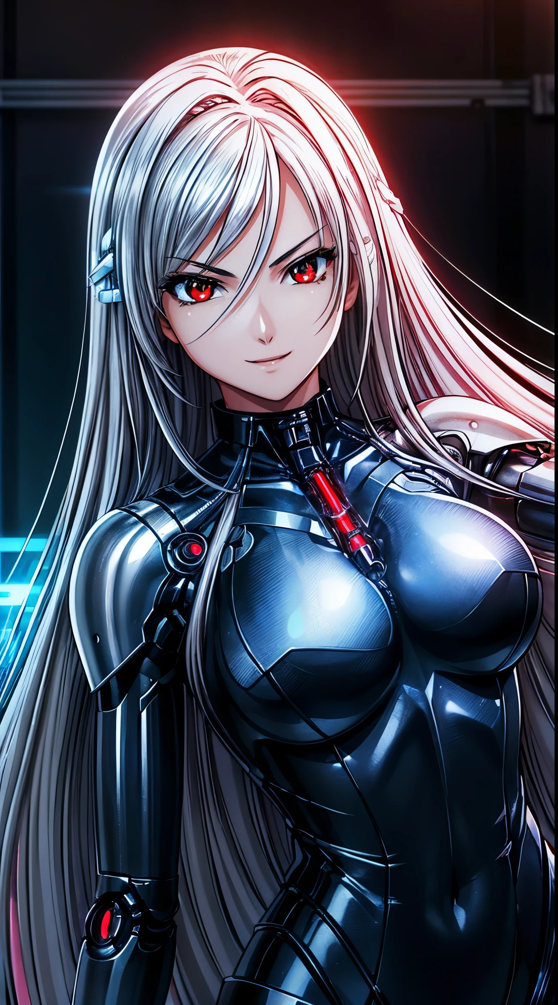 top-quality、​masterpiece、超A high resolution、(Photorealsitic:1.4)、***1人、silver hair、Straight hair, shiny and clean hair、White shiny skin、Sexy Cyberpunk Girl、((super realistic details))、Shadow、octan render、ultrasharp、hyperdetailed face、Fiberglass、Luminous tube、highly intricate detail、Realistic light、CGSoation Trends、(red eyes with slit pupils)、(Facing the camera)、neon details、Mechanical limbs、Mechanical vertebrae attached to the back、mechanical cervical attaching to neck、Wires and cables connecting to the head、((valkyrie))、((Beam Cannon))、Combat stance、((seductive pose:0.8))、(light_Smile:1.0)、full body、