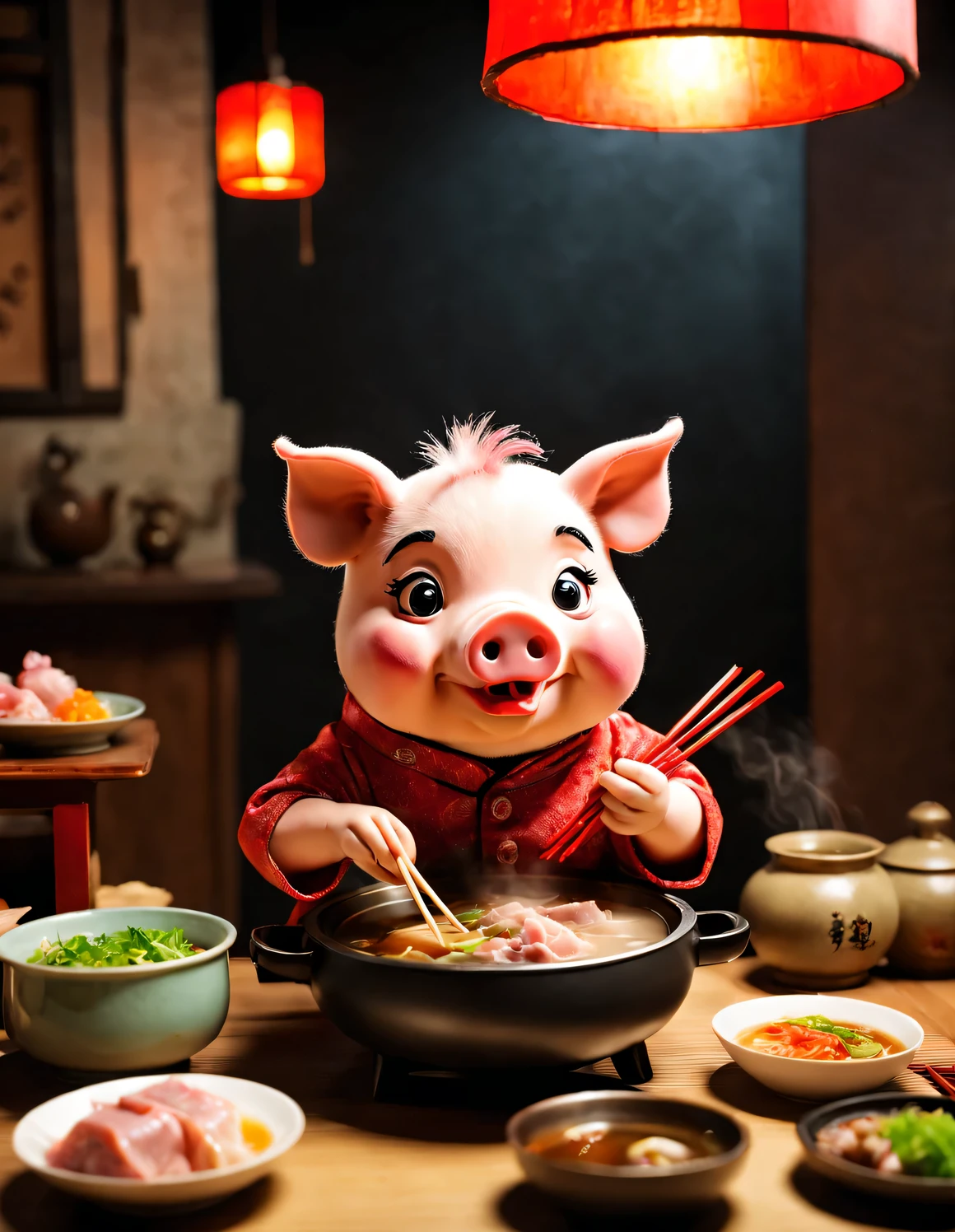 The pig puppet is greedily eating hot pot，At the dinner table，Chopsticks