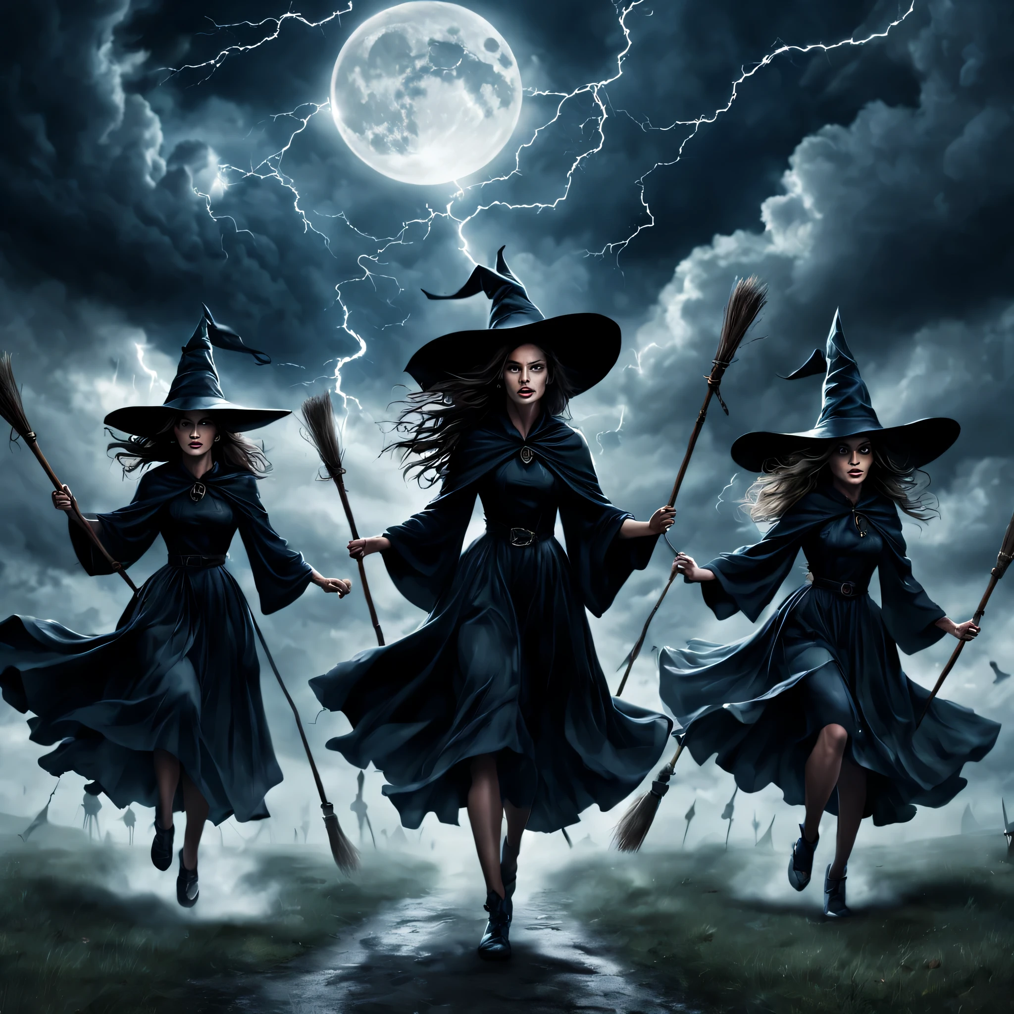 "(best quality,highres,realistic:1.37),scary witches flying on broomsticks, many witches, tense race above a cloud and thunderstorm-filled night sky, swirling ring of magic at the end, lightning outlining the course, full moon, mystical atmosphere, dramatic lighting, dark and eerie colors, witch hats and capes, hair flowing in the wind, intense expressions on their faces, intense focus and determination, broomsticks hovering in the air, crackling energy surrounding the broomsticks, ominous thunder and lightning, moonlight casting eerie shadows, mystical symbols in the sky, gusts of wind swirling around the witches, flying at high speed, competing for victory, anticipation and excitement, adrenaline-filled race, intense competition among witches, a thrilling and dangerous challenge, the world below disappearing in the darkness, stars twinkling in the night sky, the howling of the wind, clouds swirling ominously, wisps of fog adding to the eerie atmosphere, a sense of magic and mystery in the air."