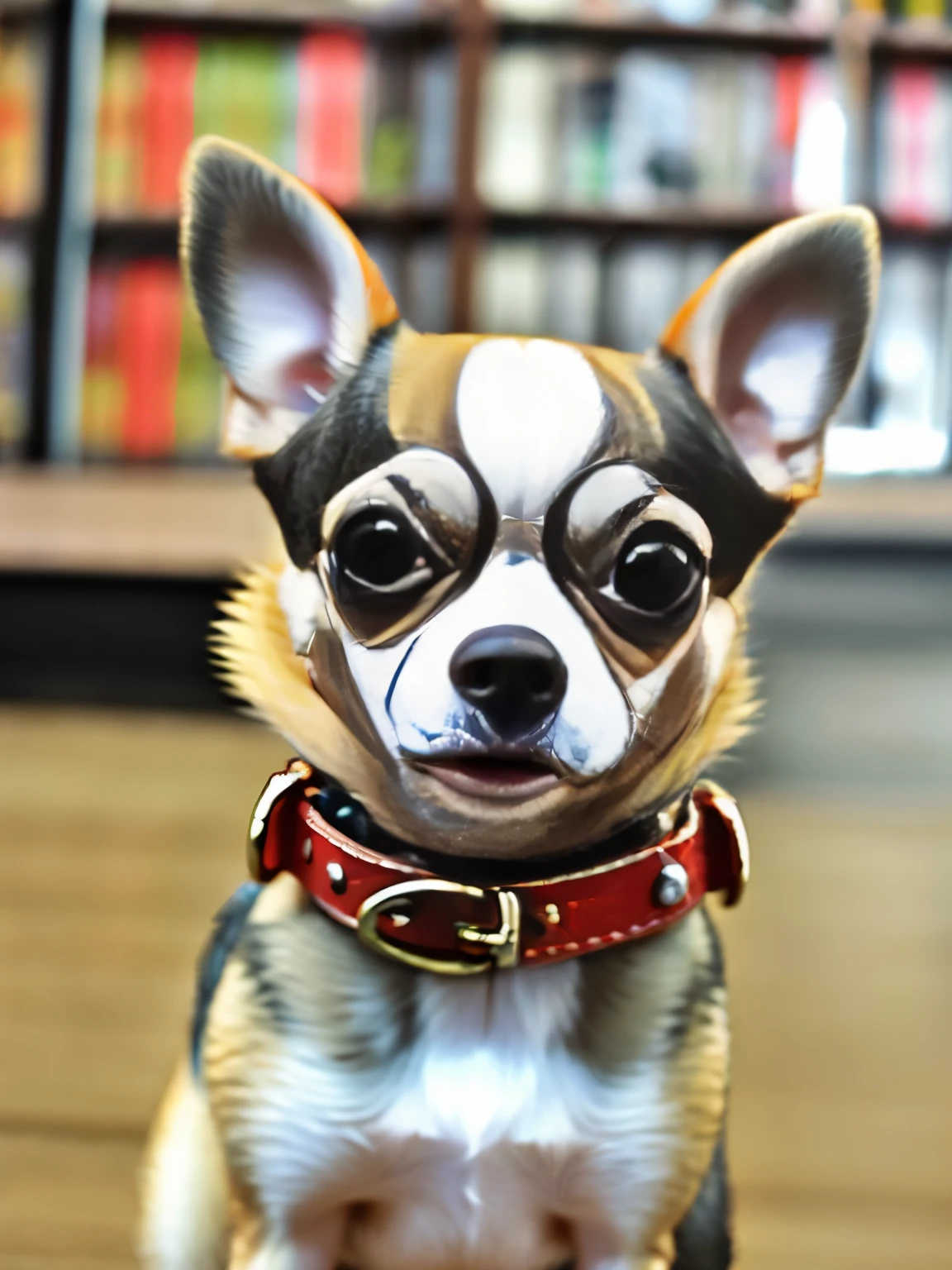 happy fawn chihuahua, wearing a princess collar, sitting, smile, Big eyes, house background, pixer style, ....3D, comics, detailed face, Asymmetrical 16K