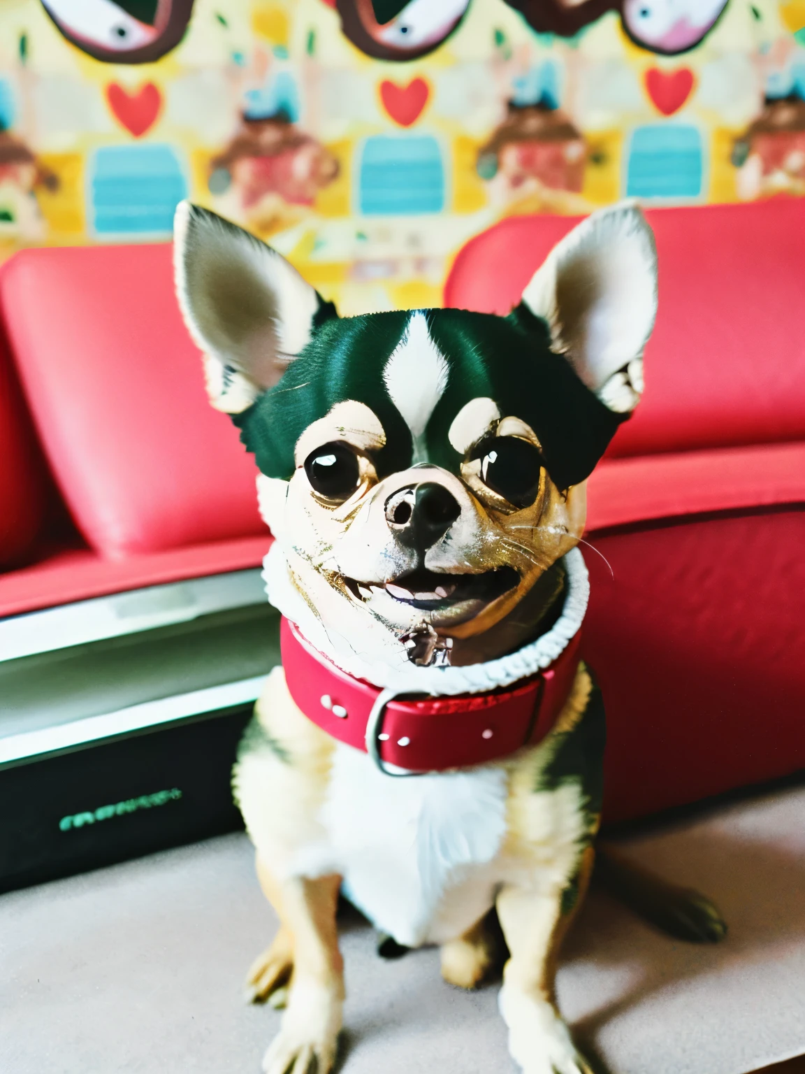 happy fawn chihuahua, wearing a princess collar, sitting, smile, Big eyes, house background, pixer style, ....3D, comics, detailed face, Asymmetrical 16K