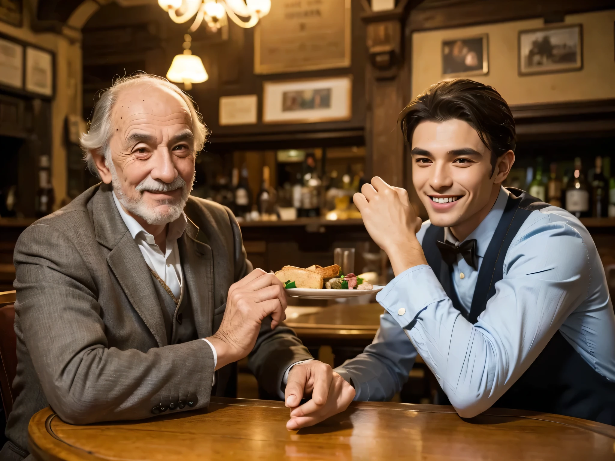 Well-dressed Italian old man sitting at the table in the old bar with a young teenager. Both men looking at the camera, grande sorriso. and two cups of coffee on the table