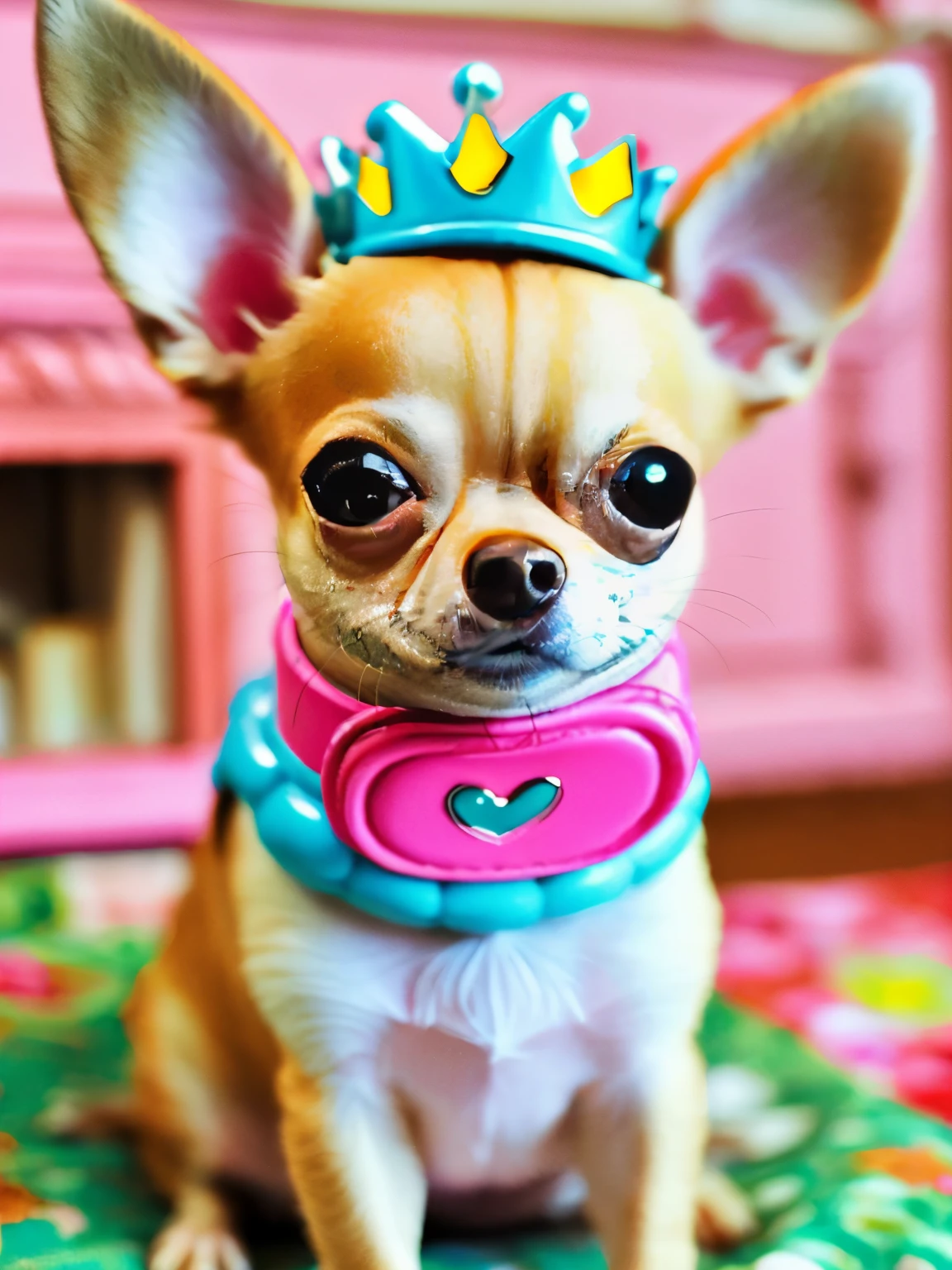 happy fawn chihuahua, wearing a princess collar, sitting, smile, Big eyes, house background, pixer style, ....3D, comics, detailed face, Asymmetrical 16K