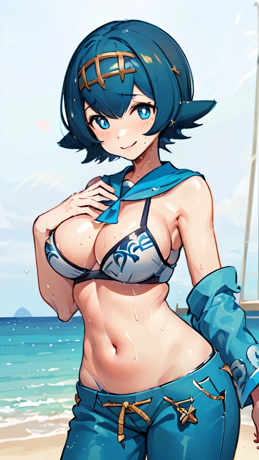 ((masterpiece,highest quality)), disorganized,
work_Pokemon, 
1 girl, alone, (short blue hair, blue eyes, Yellow Hairband, white shirt, No sleeve, blue sailor collar, Blue pants, bright pupils, Swimsuit under clothes),
alone, smile, looking at the viewer,
cinematic composition, contrasting,large breast,full bust,slender,toned stomach,(huge breasts),(wide tits:1.3),(full bust),busty, Round breasts ,Athletic breasts,slender, (Curvaceous physique) ,Skinny Body ,(toned stomach)
breath,sweat,wet,smirk,nose blush, heart-shaped pupils, frustrated