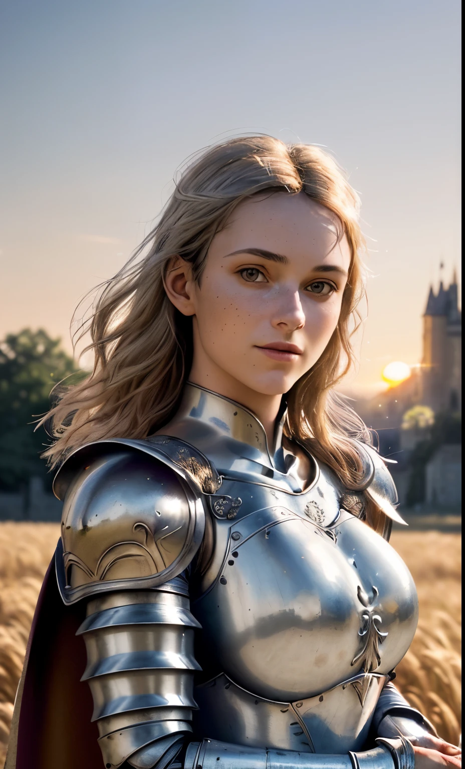 (chef-d&#39;artwork), (extremely complex:1.3), (Realistic), Portrait d&#39;une jeune fille, Le plus beau dans le monde, (Medieval armor), metallic reflections, Haut du corps, en plein air, soleil intense, distant castle, photographie professionnelle d&#39;a beautiful detailed woman, Sharpness, spectaculaire, prime, cinema lighting, unreal rendering engine&#39;octane,  dtx volumetry, (grain de film, blurred background, premier plan flou, Bokeh, profondeur de champ, coucher de soleil, flou de mouvement:1.3), cotte de mailles