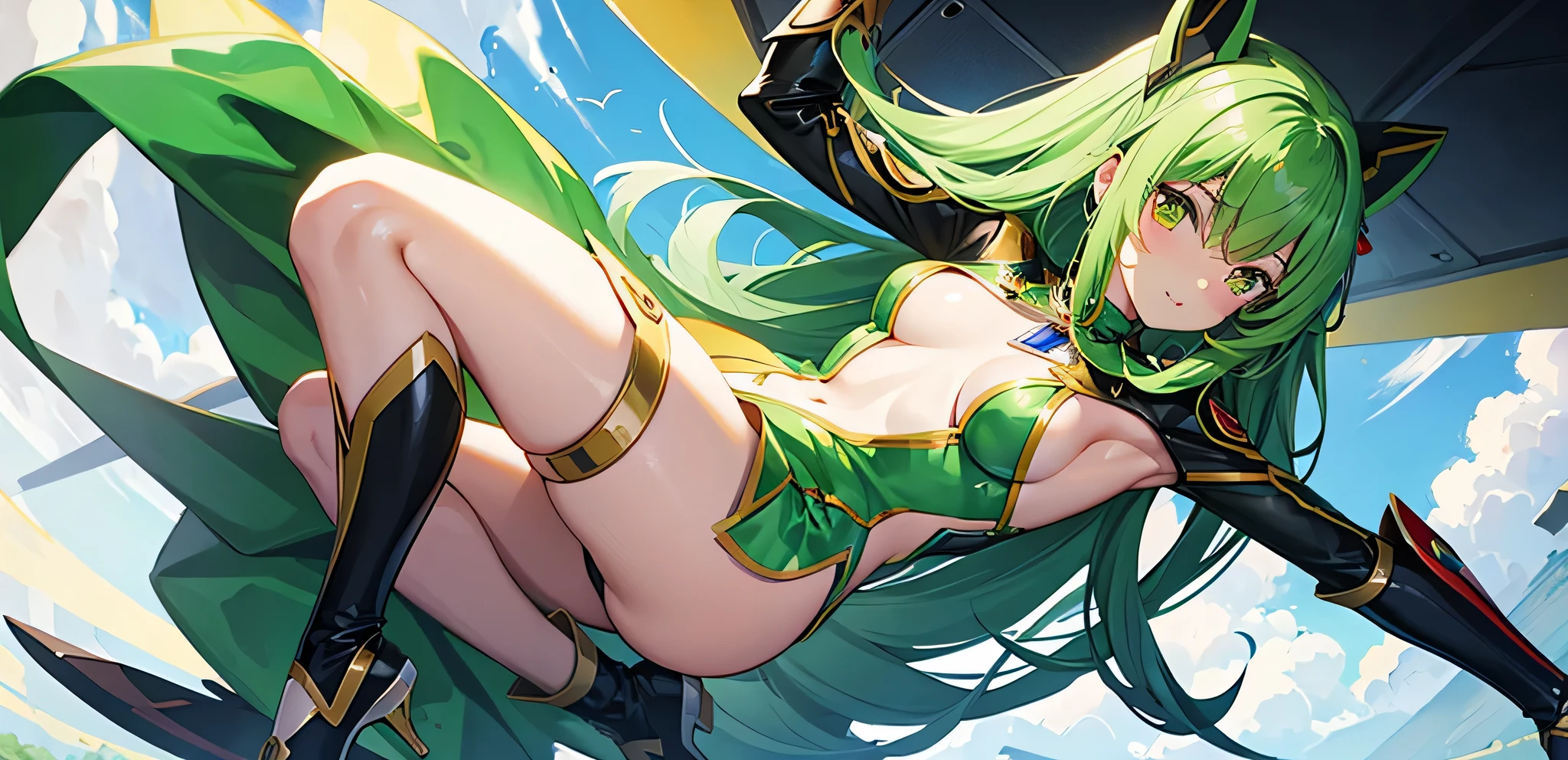 Code Geass: Lelouch of the Resurrection green hair character C.c.like a cute girl,white pilot suit,big breasts,sexy,erotic
