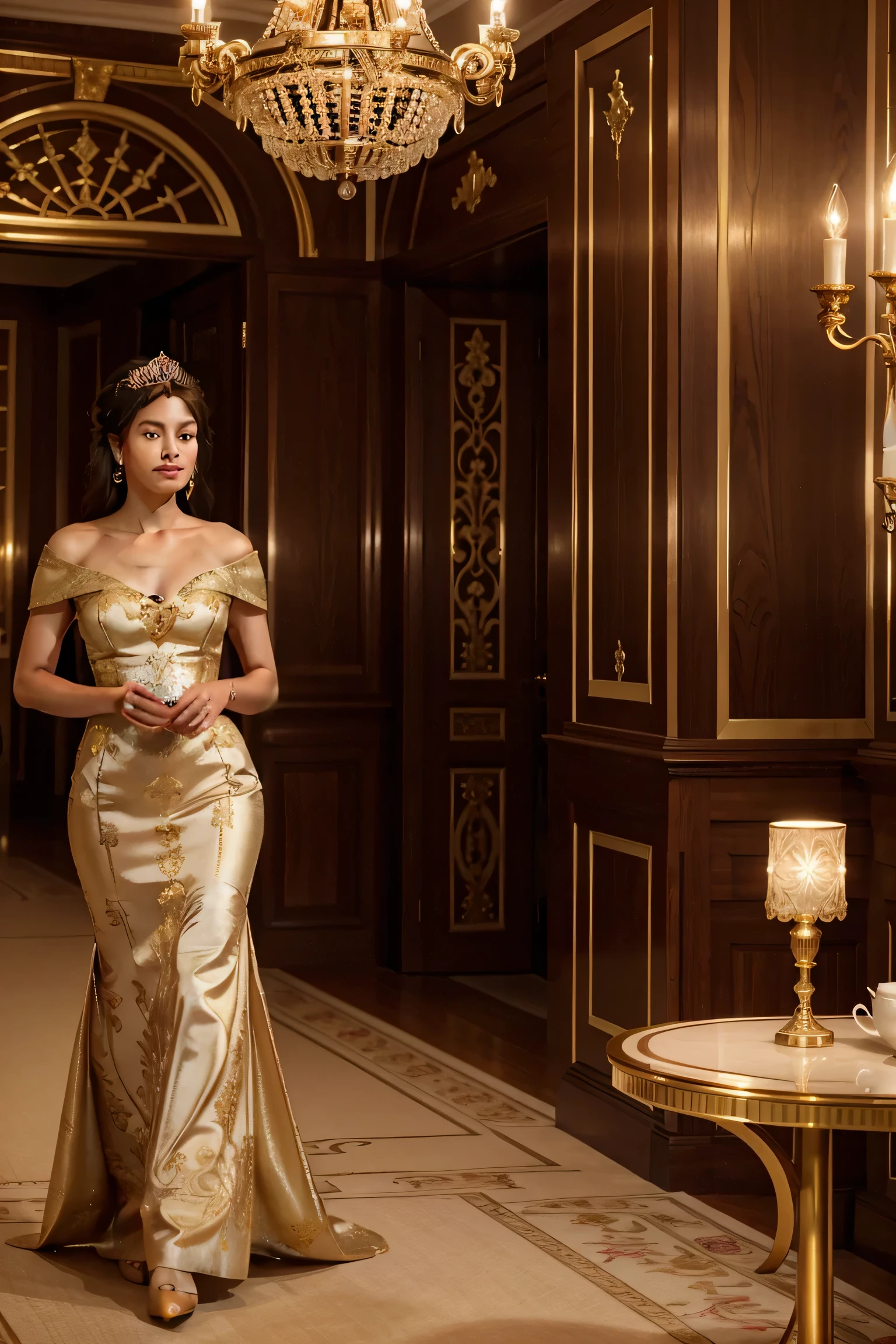 Photorealistic scene of a regal queen gracefully walking into a tea room in the opulent Royal Hall, captured in stunning 8K resolution. The composition exudes elegance and grandeur, with the queen adorned in a majestic gown, sparkling crown, and intricate jewelry. The lighting highlights her ethereal beauty, casting a soft golden glow on her regal features. Every detail of the luxurious tea room is meticulously rendered, from the ornate chandeliers and gilded wallpaper to the exquisite porcelain teacups and delicate floral arrangements. The atmosphere is filled with an air of sophistication and tranquility as the queen's presence commands attention. --s 150 --ar 1:1 --c 0