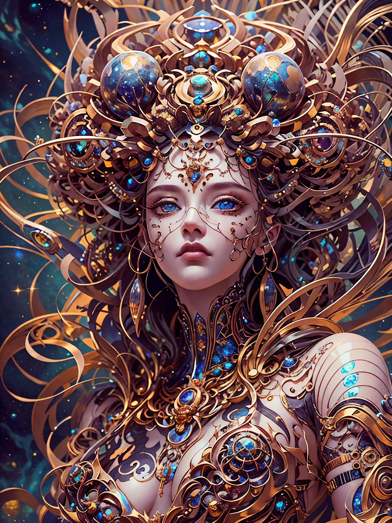 （best qualtiy，ultra - detailed，Most Best Illustration，Best shadow，tmasterpiece，A high resolution，professionalartwork，famousartwork），Detailed eyes，beautidful eyes，closeup cleavage，sci-fy，colored sclera，Robot eyes，face markings，Tattooed with，（fractalized，Fractal eyes），largeeyes，Wide eyes，（Eye focus），sface focus，Cosmic eyes，Space eyes，Close-up of metal sculpture of a woman with a moon in her hair，goddes。extremly high detail，3 d goddess portrait，Extremely detailed footage of the goddess，a stunning portrait of a goddess，Side image of the goddess，portrait of a beautiful goddess，Full body close-up portrait of the goddess，hecate goddess，portrait of a norse universe goddess，goddess of space and time