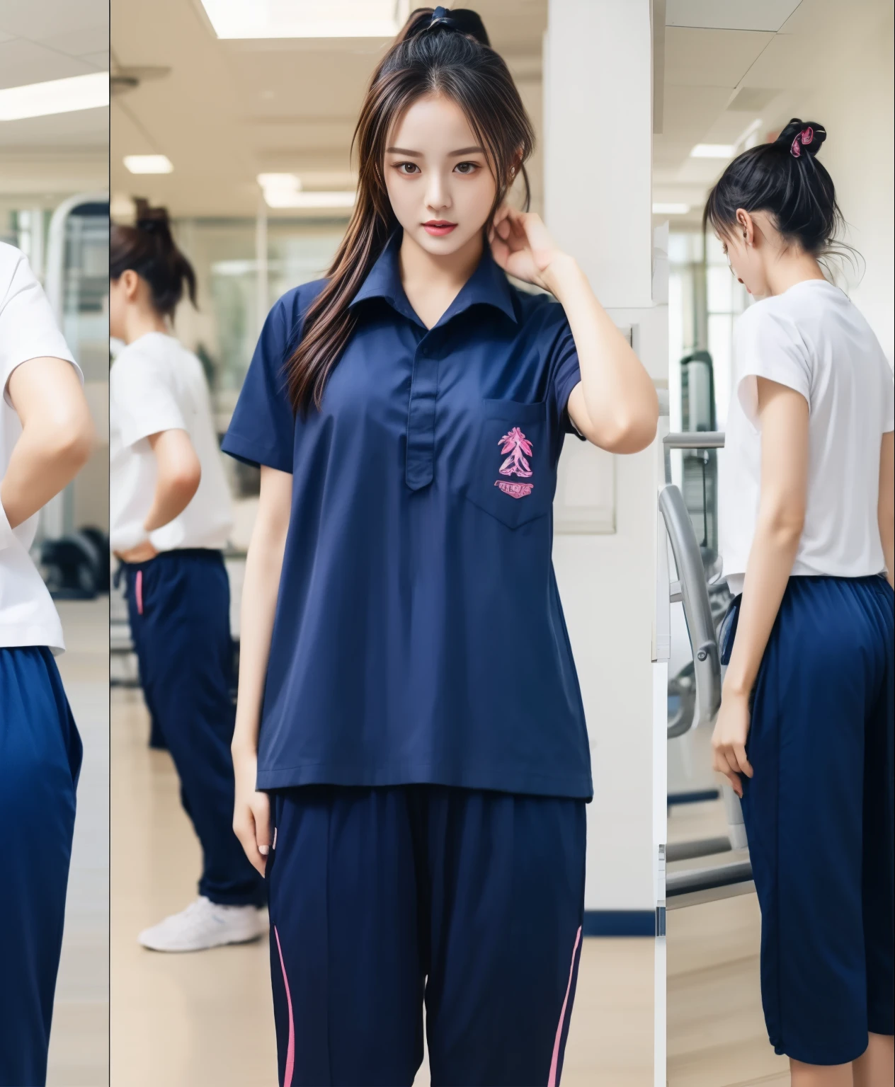 3 girls in fitness center, Navy blue short-sleeved shirt,Navy Long Trackpant,Sweatpants, Sweatpantsขายาว,25 year old girl, lesbian, sexy, exercise clothes, wet body, exercise clothes