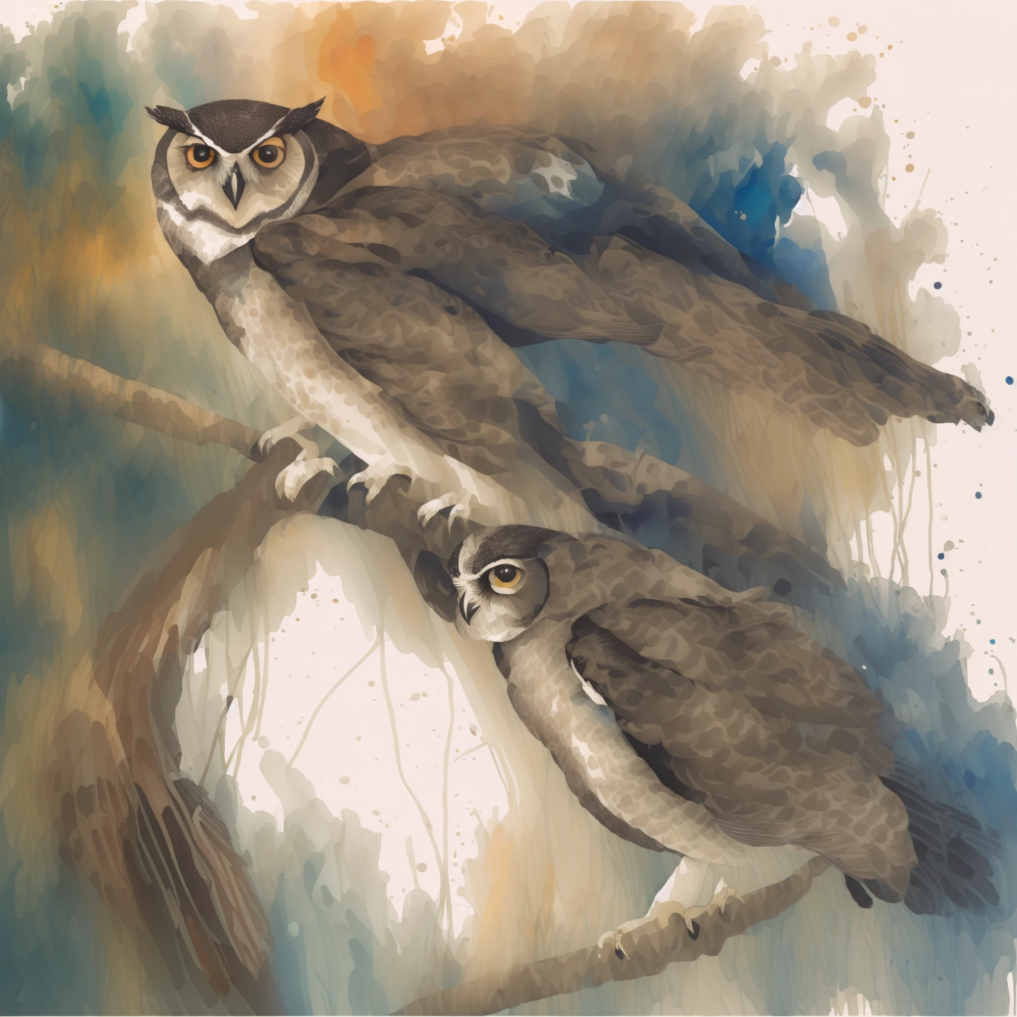 a watercolor painting with a white background rachelwalker style an owl in the evening