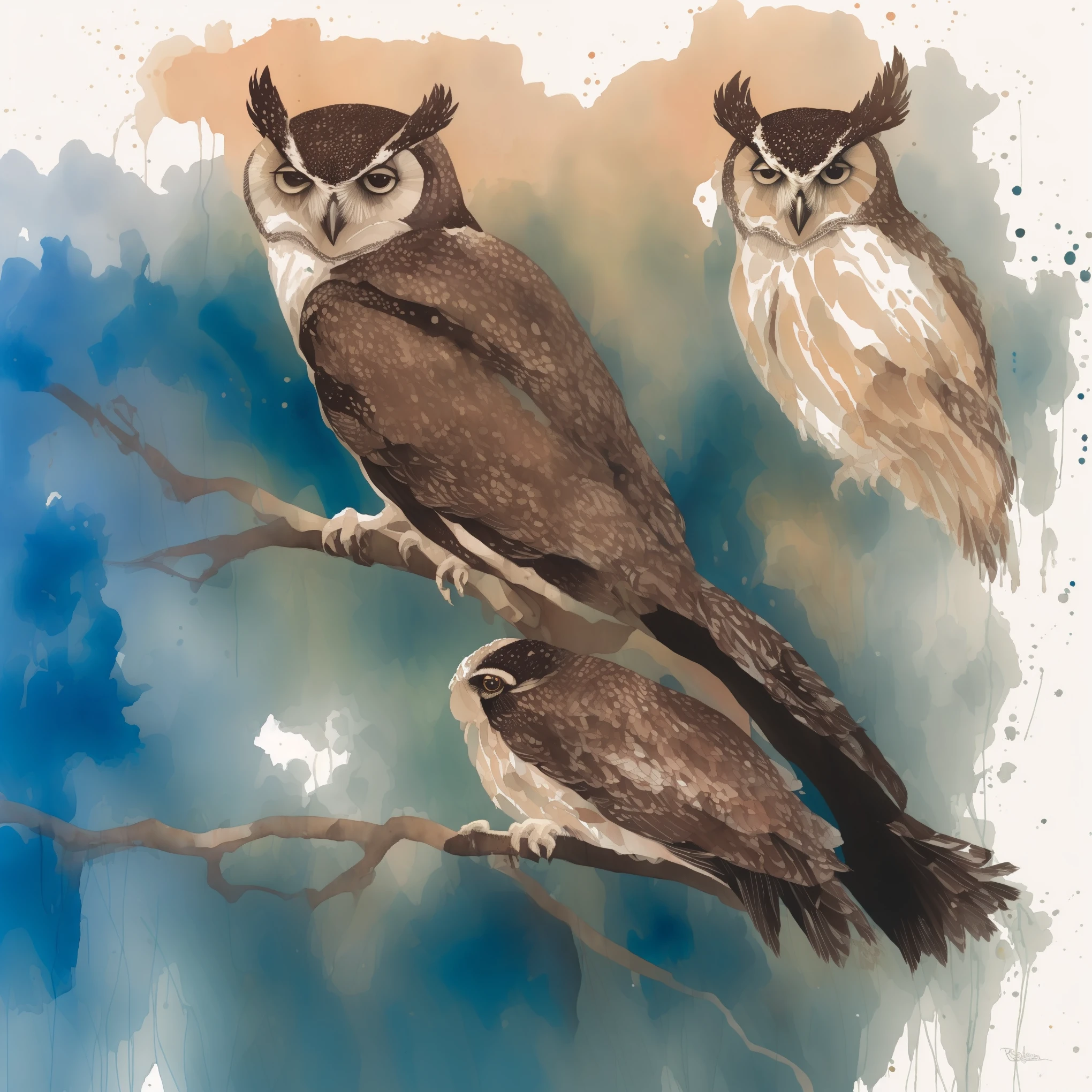 a watercolor painting with a white background rachelwalker style an owl in the evening