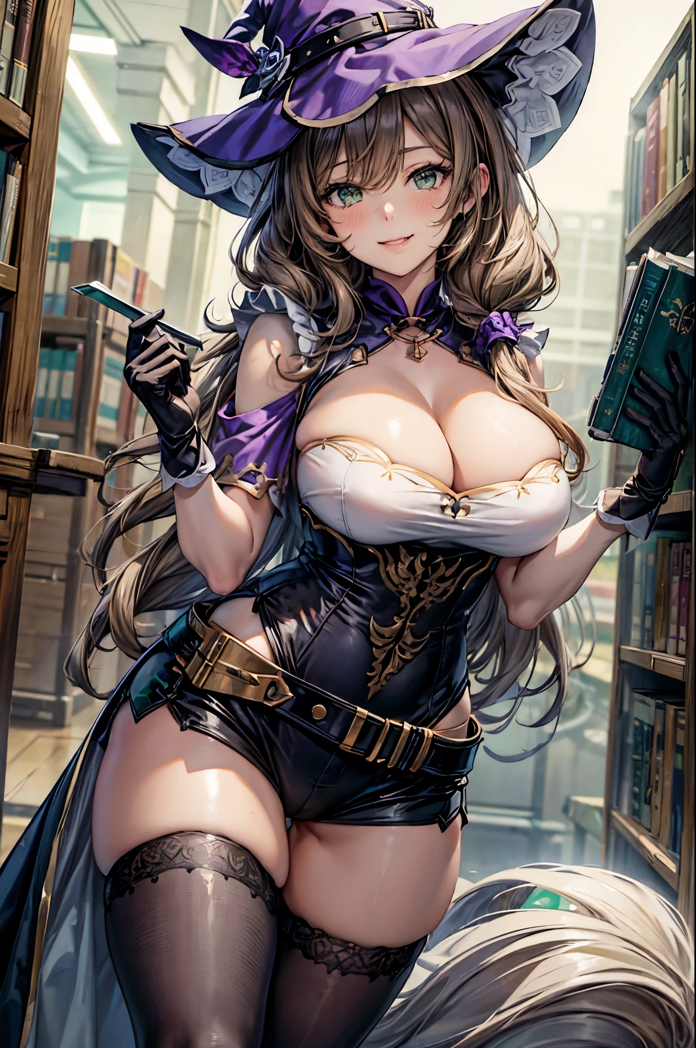 Solo, 1 Woman, Lisa \(Genshin_Impact\), Fluffy Curly Long Hair, Light Brown Hair, Side Ponytail, Large Witch Hat, Emerald Eyes, Huge Breasts, Deep Cleavage, Cleavage Cutout, Purple Sleeveless Dress, White Long Gloves, Small Black Shorts, Grey Thighhigh Socks, Narrow Waist, Wide Hips, Large Round Ass, Thick Squishy Thighs, Standing in Library, Holding Books, Flirty Smile