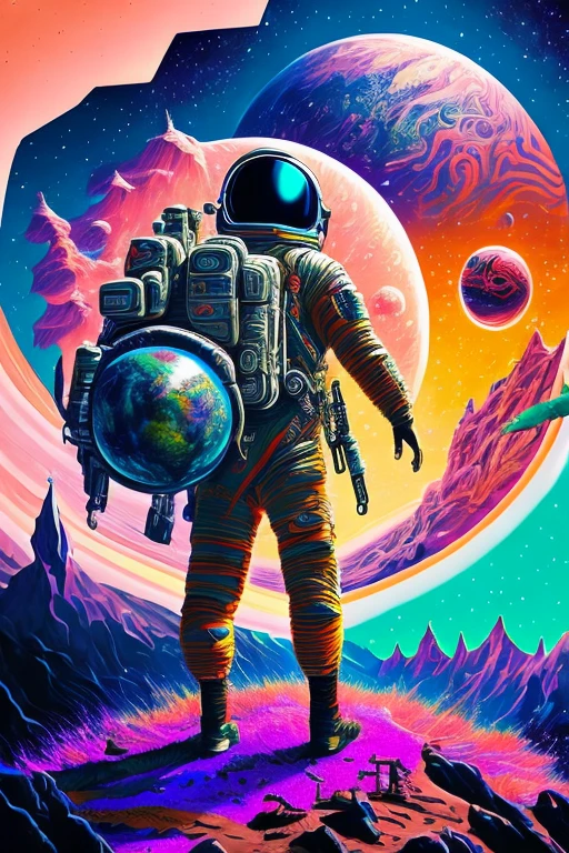HD Details: A close-up of a man in a bulky spacesuit, with intricately textured fabric and visible sweat droplets, standing before a breathtaking backdrop of a psychedelic cosmic horror planet. The swirling colors of the planet's atmosphere blend seamlessly with the surreal space illustration, as if inviting the viewer to embark on a trippy outer space journey. (Psychedelic Cosmic Horror, Psychedelic illustration, outer space, Cosmic LSD Poster Art, DMT space behind)
A man in a spacesuit, HD details, standing before a psychedelic cosmic horror planet, swirling