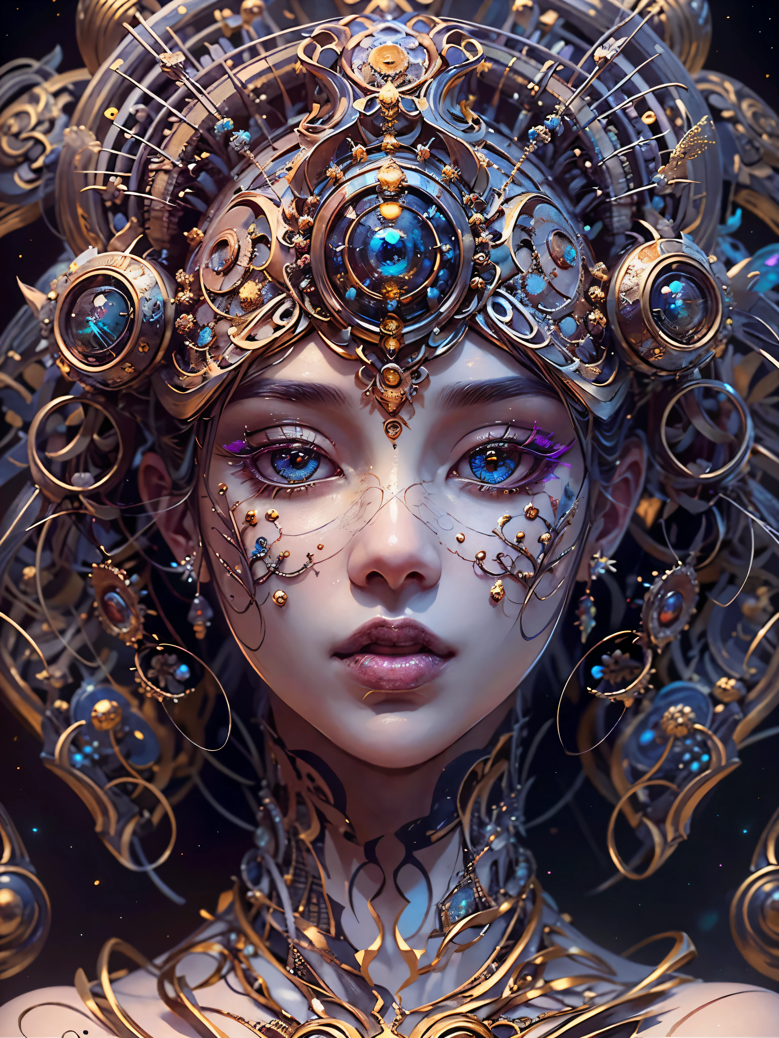 (best qualtiy,ultra - detailed,Most Best Illustration,Best shadow,tmasterpiece,A high resolution,professionalartwork,famousartwork),Detailed eyes,beautidful eyes,closeup cleavage,sci-fy,colored sclera,Robot eyes,face markings,Tattooed with,(fractalized,Fractal eyes),largeeyes,Wide eyes,(Eye focus),sface focus,Cosmic eyes,Space eyes,Close-up of metal sculpture of a woman with a moon in her hair,goddes。extremly high detail,3 d goddess portrait,Extremely detailed footage of the goddess,a stunning portrait of a goddess,Side image of the goddess,portrait of a beautiful goddess,Full body close-up portrait of the goddess,hecate goddess,portrait of a norse universe goddess,goddess of space and time